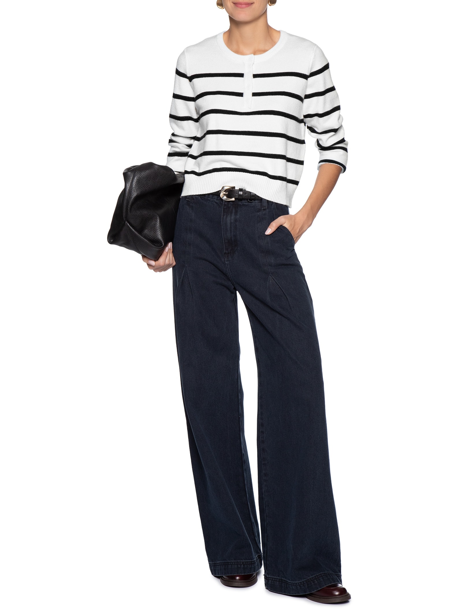 Suéter Feminino Tricot Listrado Com Botão Branco Basiq