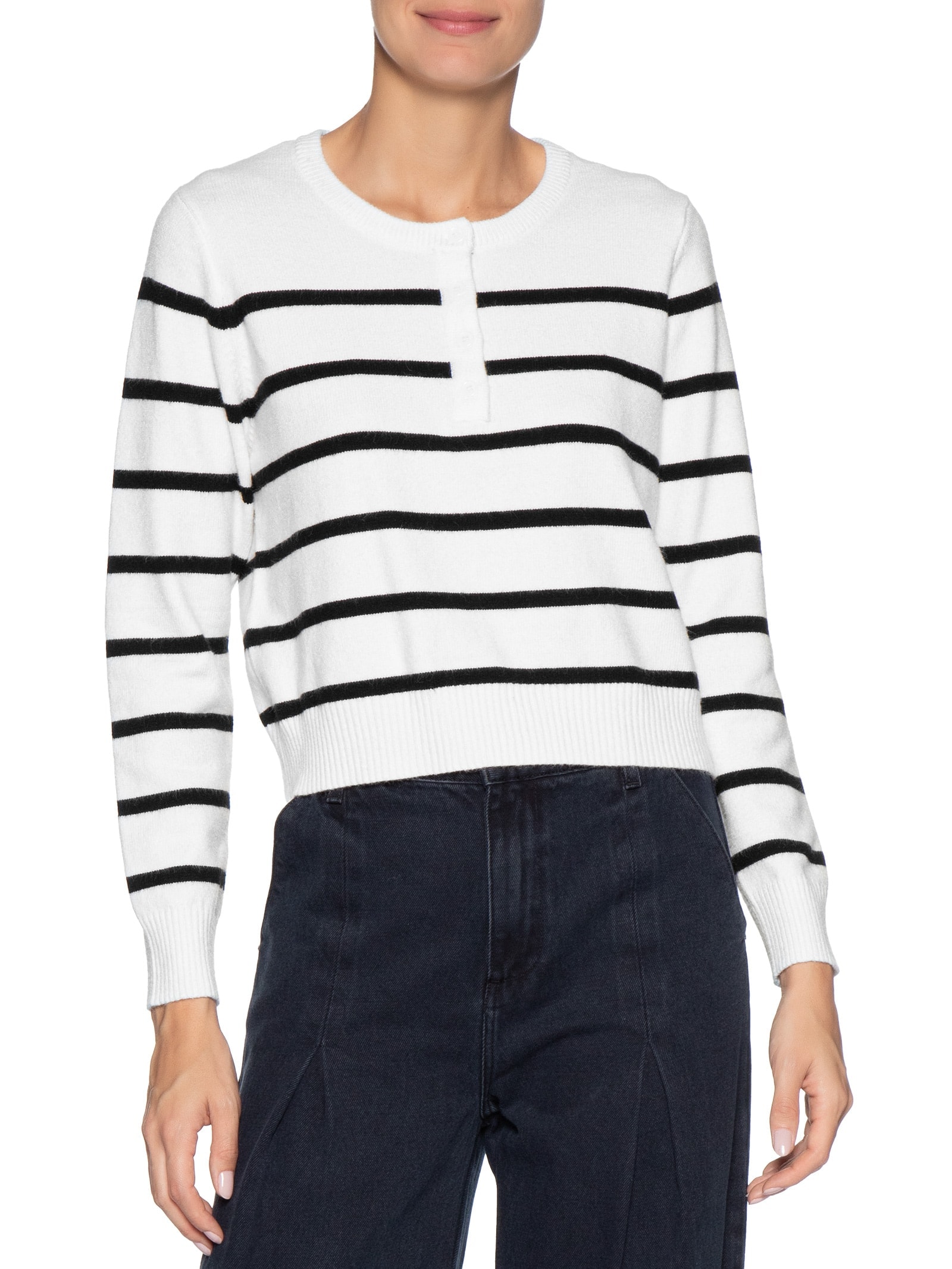 Suéter Feminino Tricot Listrado Com Botão Branco Basiq