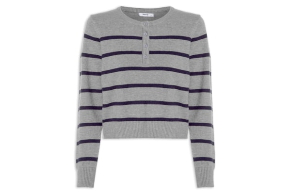 Suéter Feminino Tricot Listrado Com Botão - Cinza