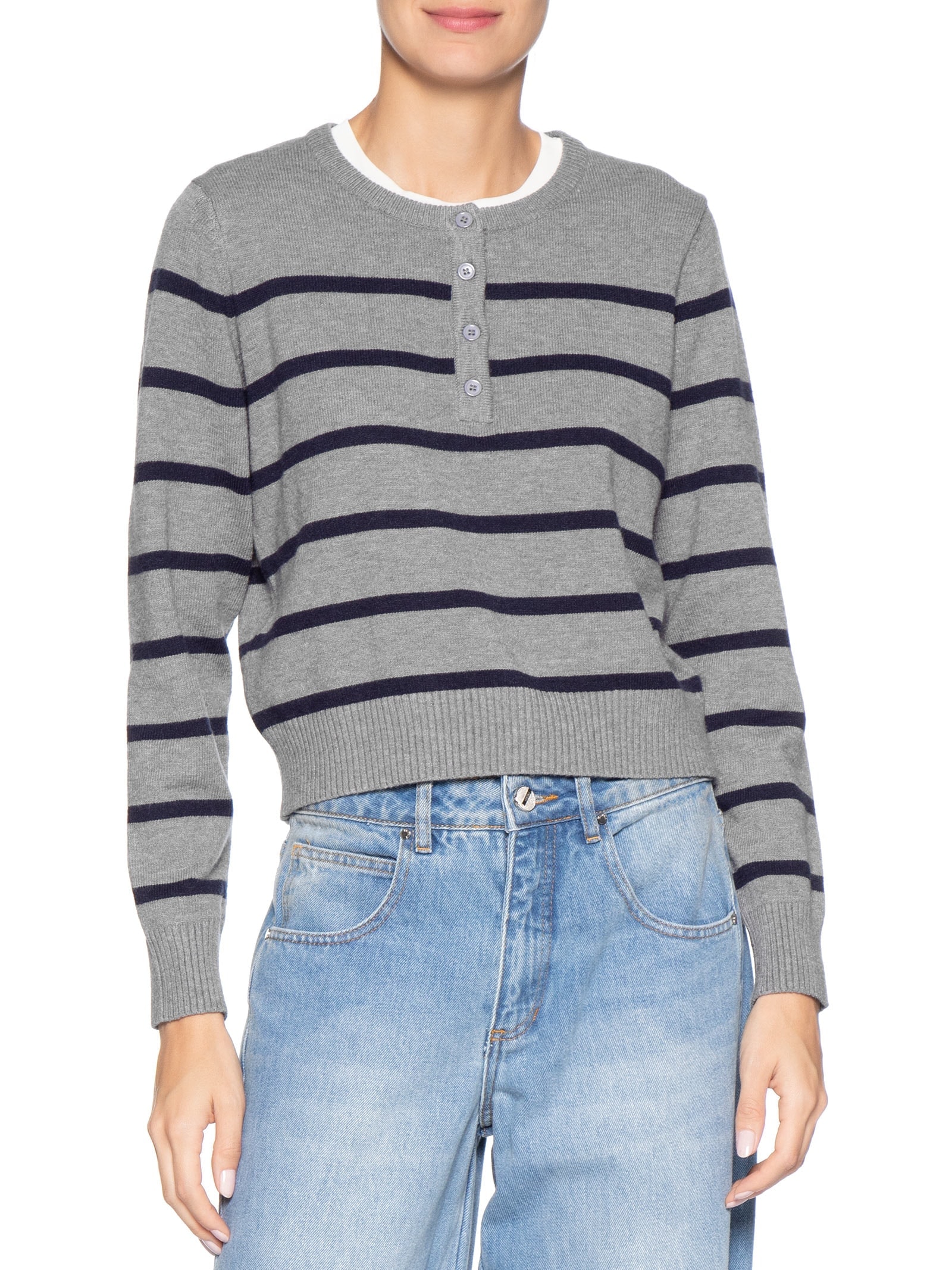 Suéter Feminino Tricot Listrado Com Botão Cinza Basiq