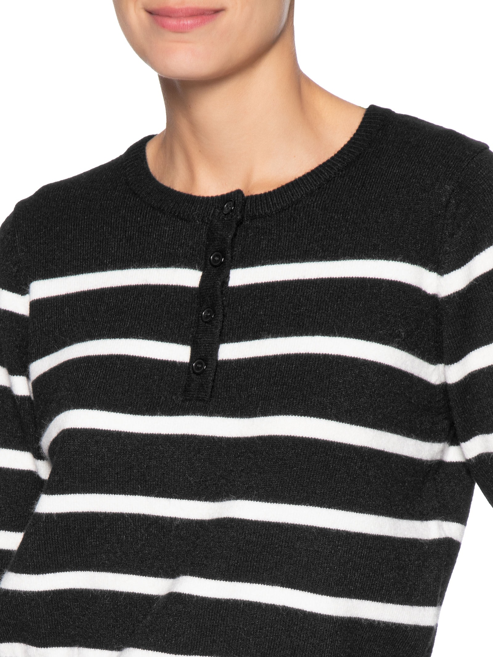 Suéter Feminino Tricot Listrado Com Botão Preto Basiq