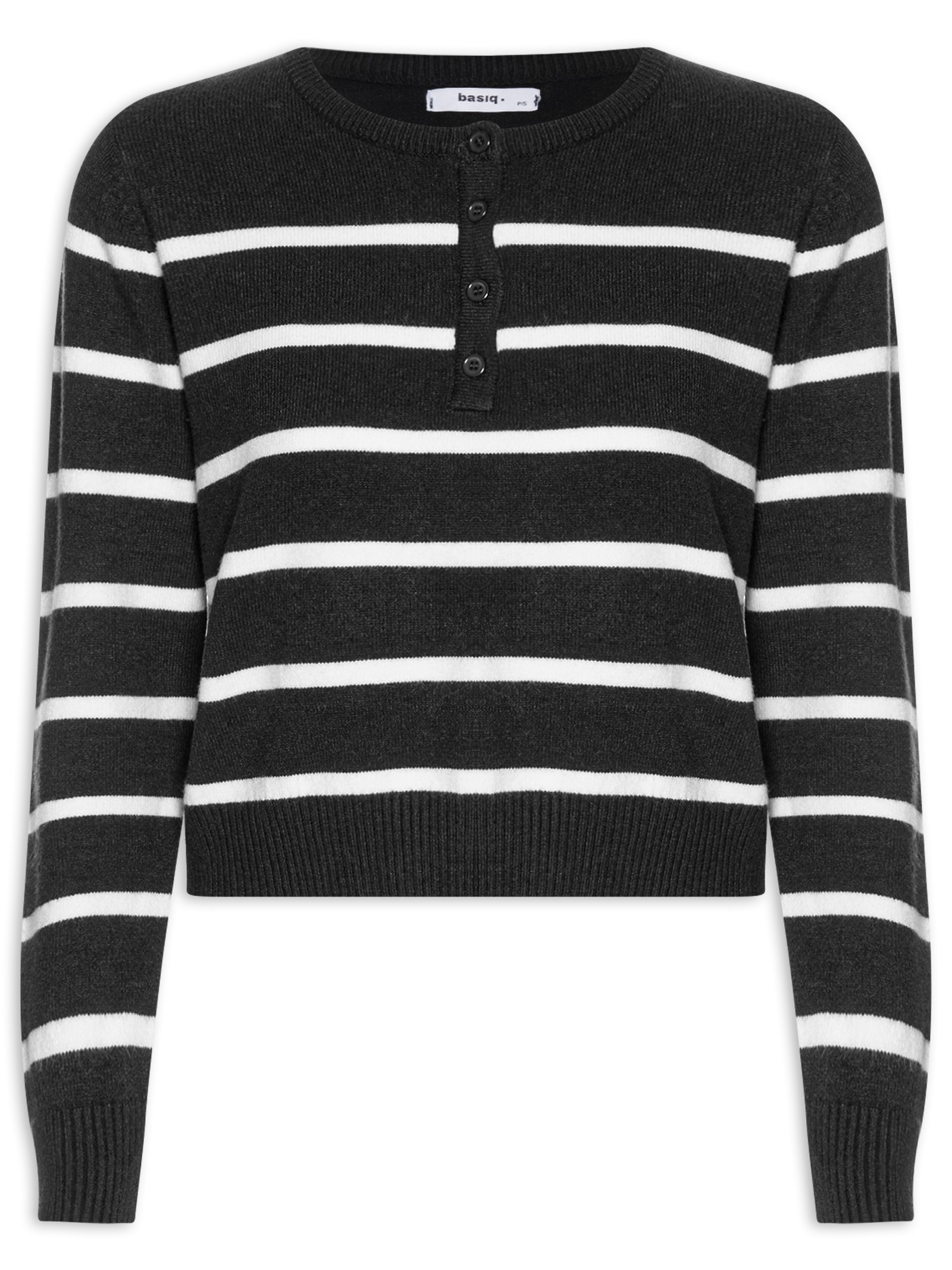 Suéter Feminino Tricot Listrado Com Botão Preto Basiq