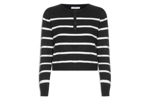 Suéter Feminino Tricot Listrado Com Botão - Preto