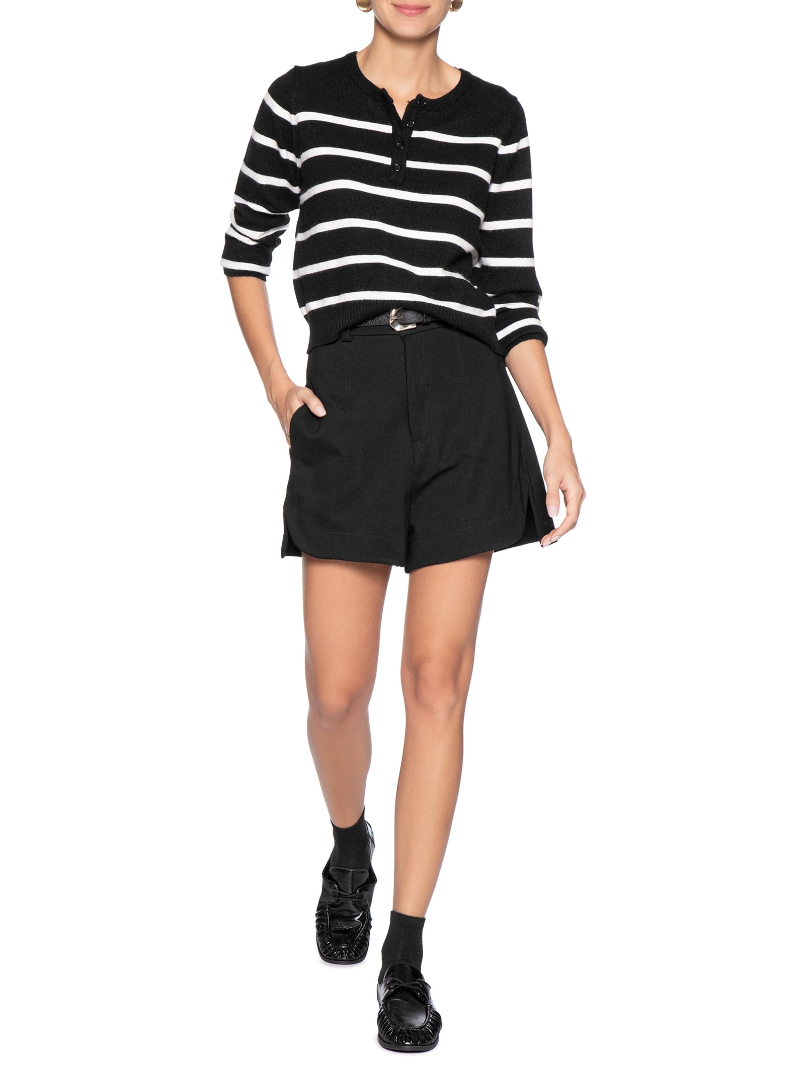 Suéter Feminino Tricot Listrado Com Botão Preto Basiq