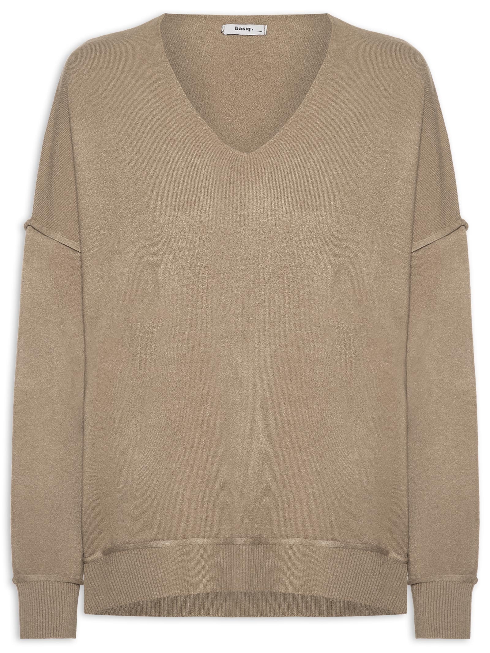 Suéter Feminino Tricot Oversized Decote V  Bege Basiq
