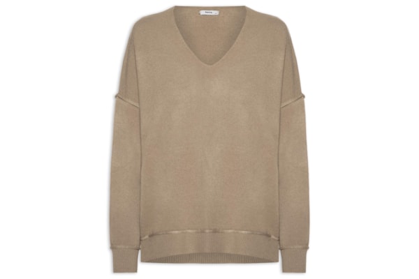 Suéter Feminino Tricot Oversized Decote V  - Bege