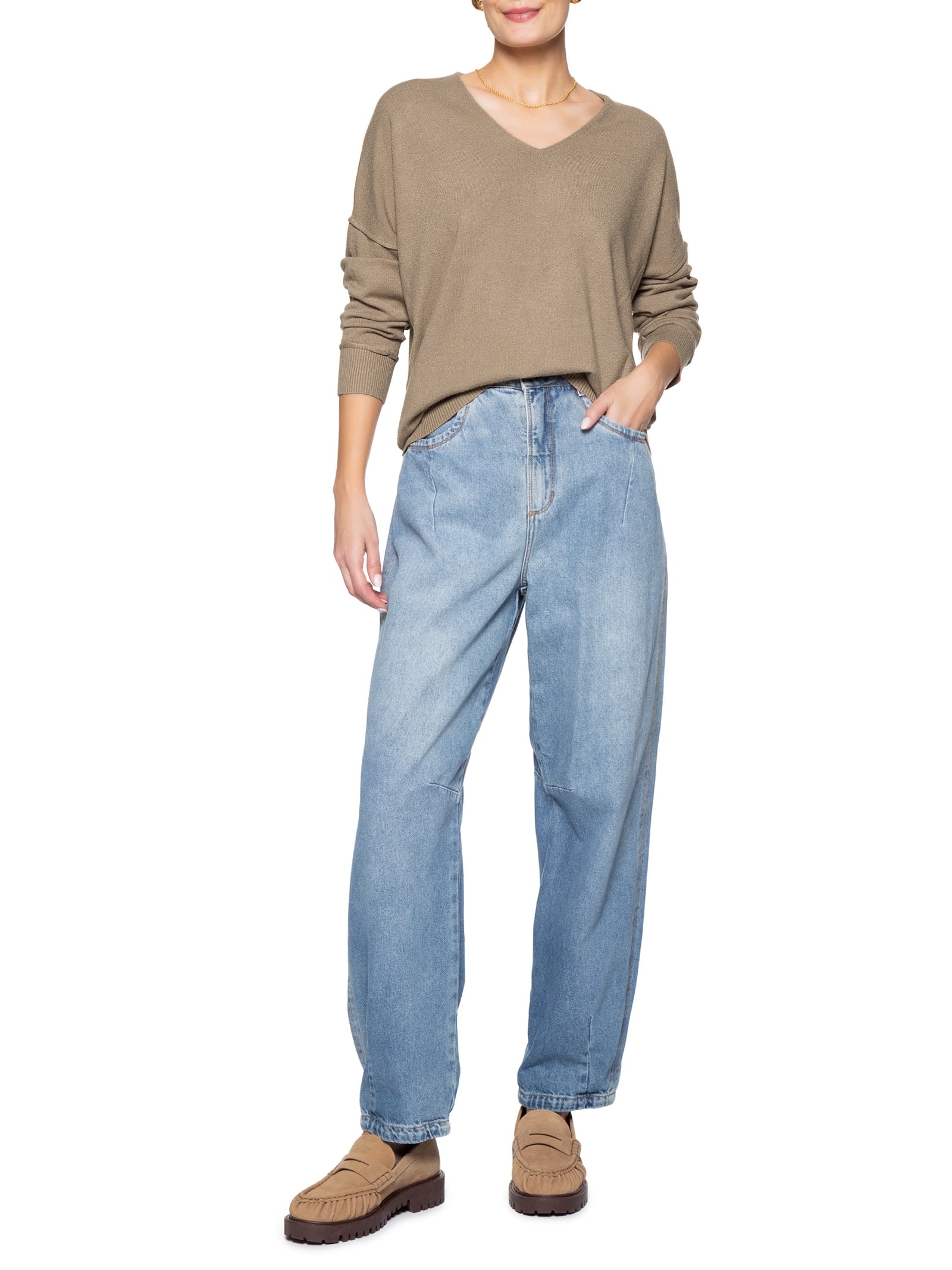 Suéter Feminino Tricot Oversized Decote V  Bege Basiq
