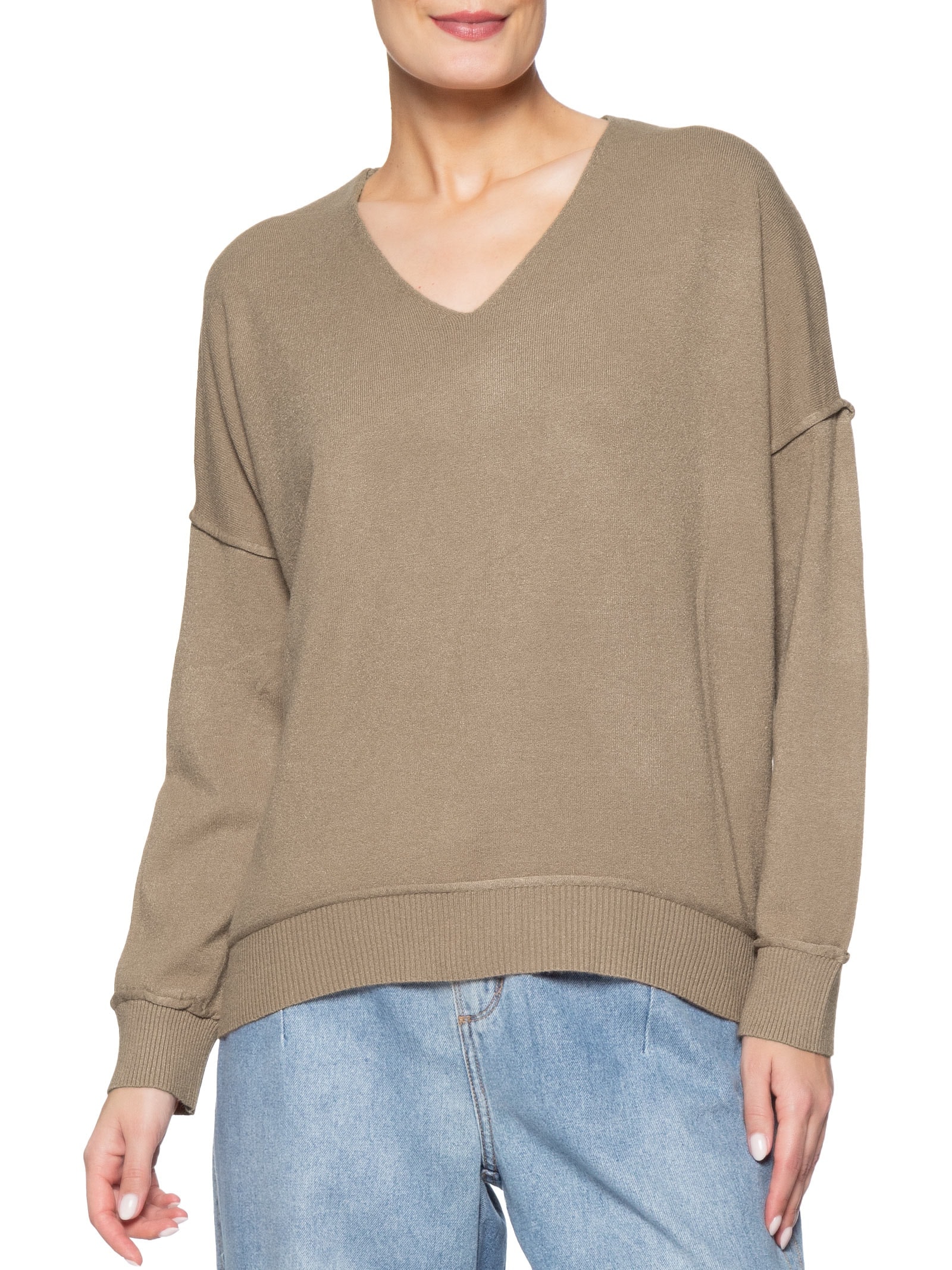 Suéter Feminino Tricot Oversized Decote V  Bege Basiq