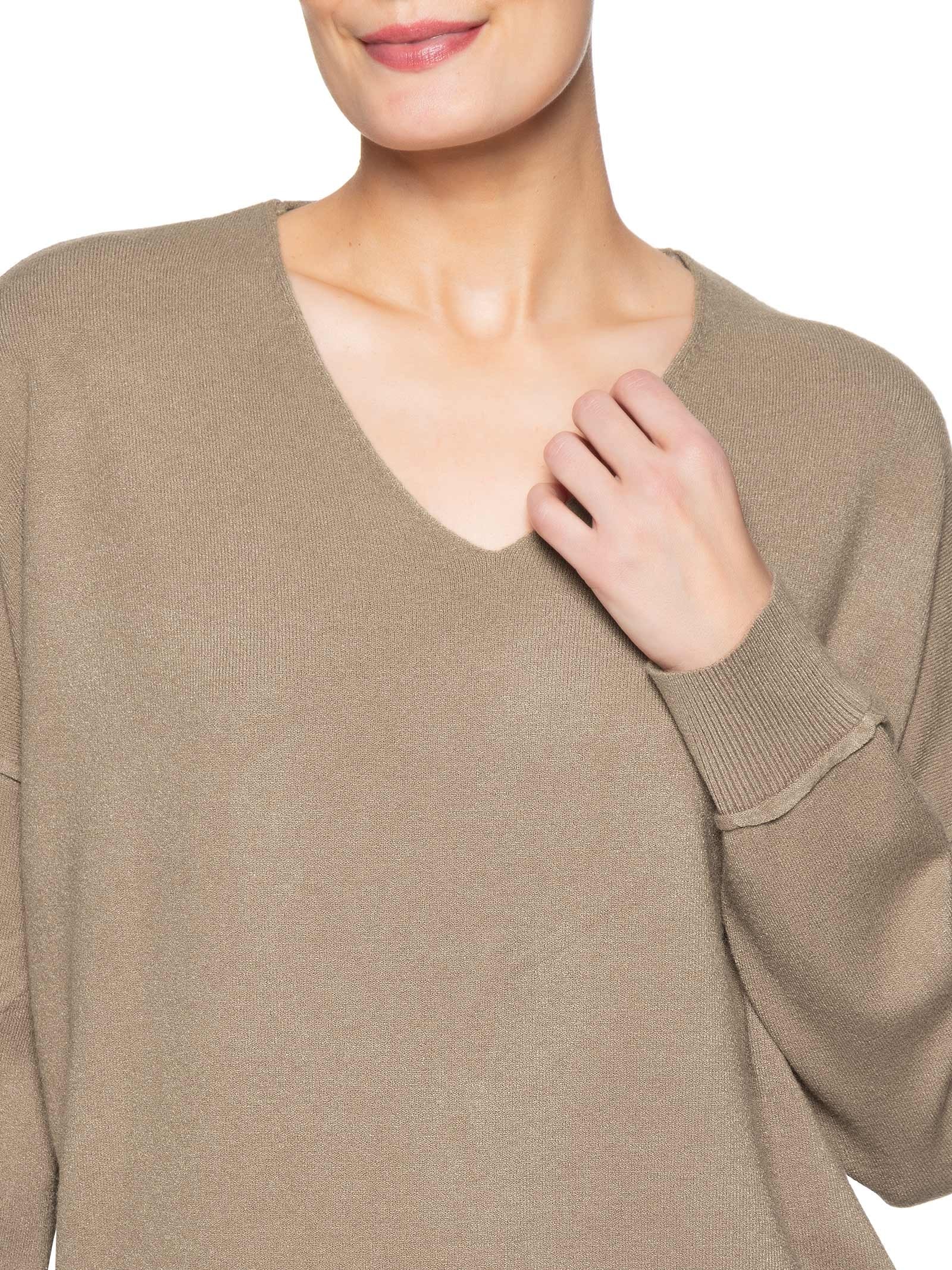 Suéter Feminino Tricot Oversized Decote V  Bege Basiq