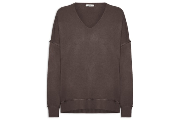 Suéter Feminino Tricot Oversized Decote V - Marrom