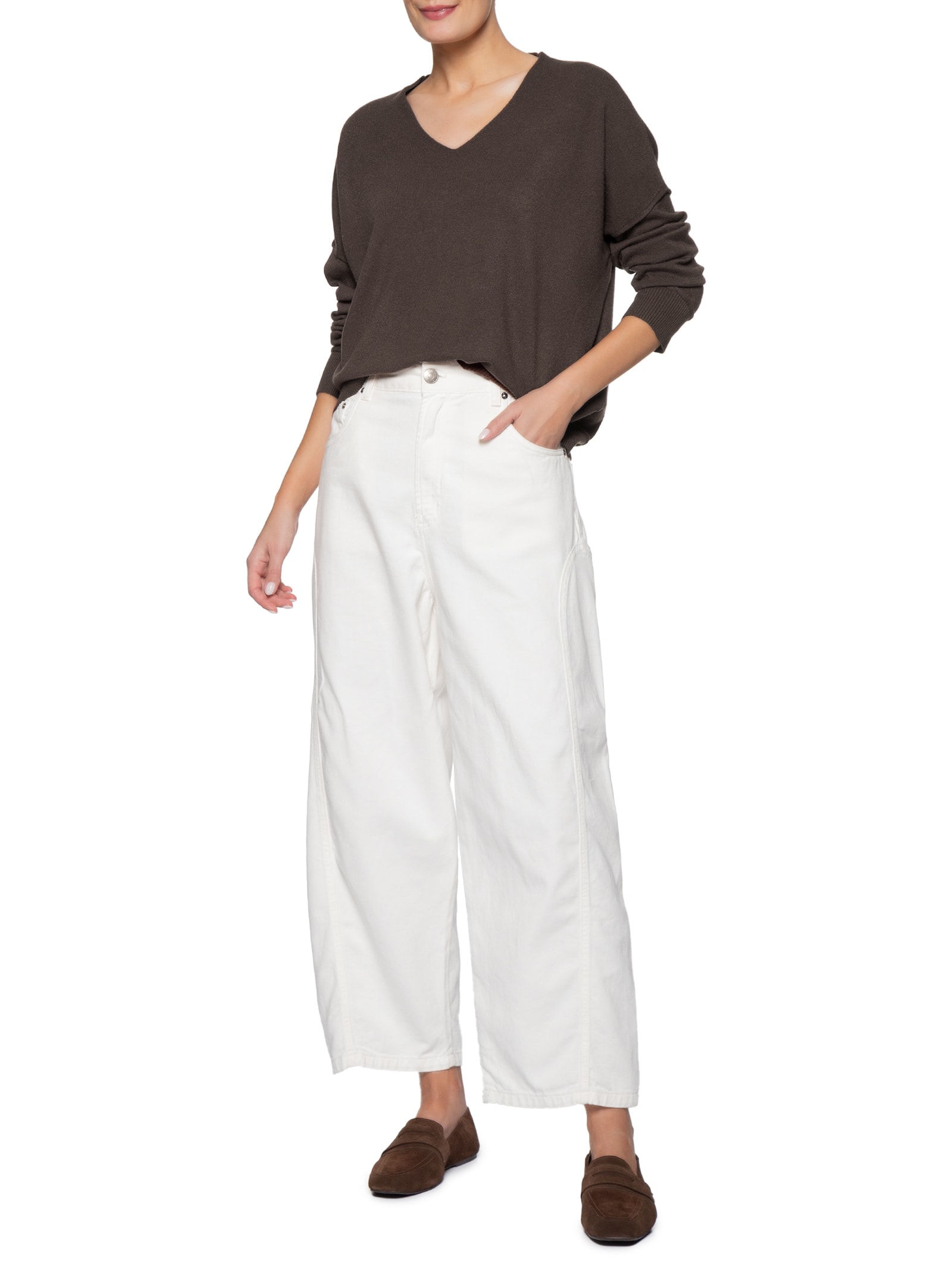Suéter Feminino Tricot Oversized Decote V Marrom Basiq