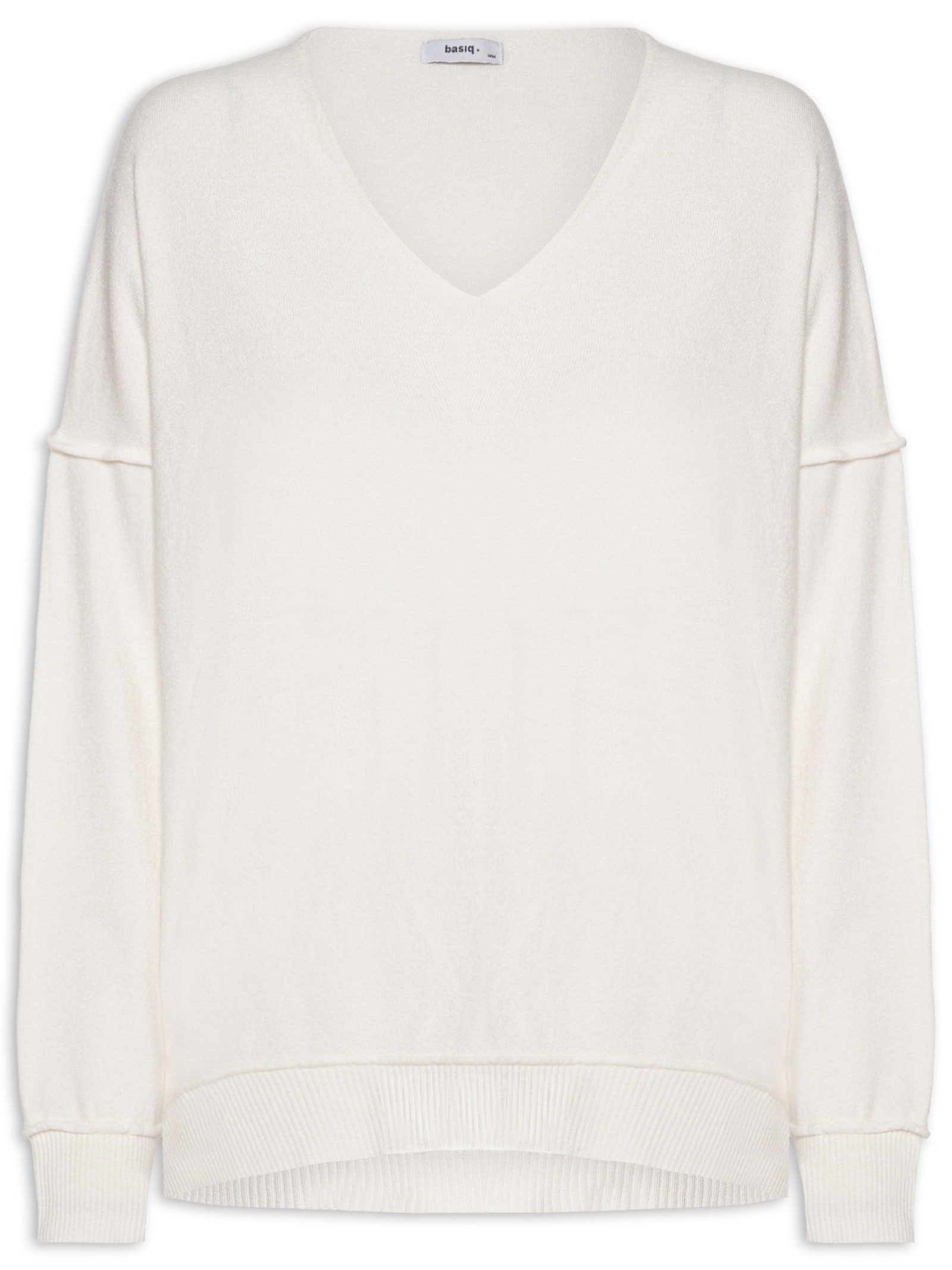 Suéter Feminino Tricot Oversized Decote V Off White Basiq