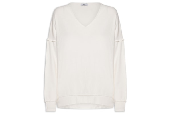 Suéter Feminino Tricot Oversized Decote V - Off White