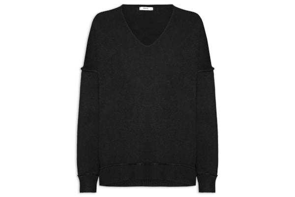 Suéter Feminino Tricot Oversized Decote V - Preto