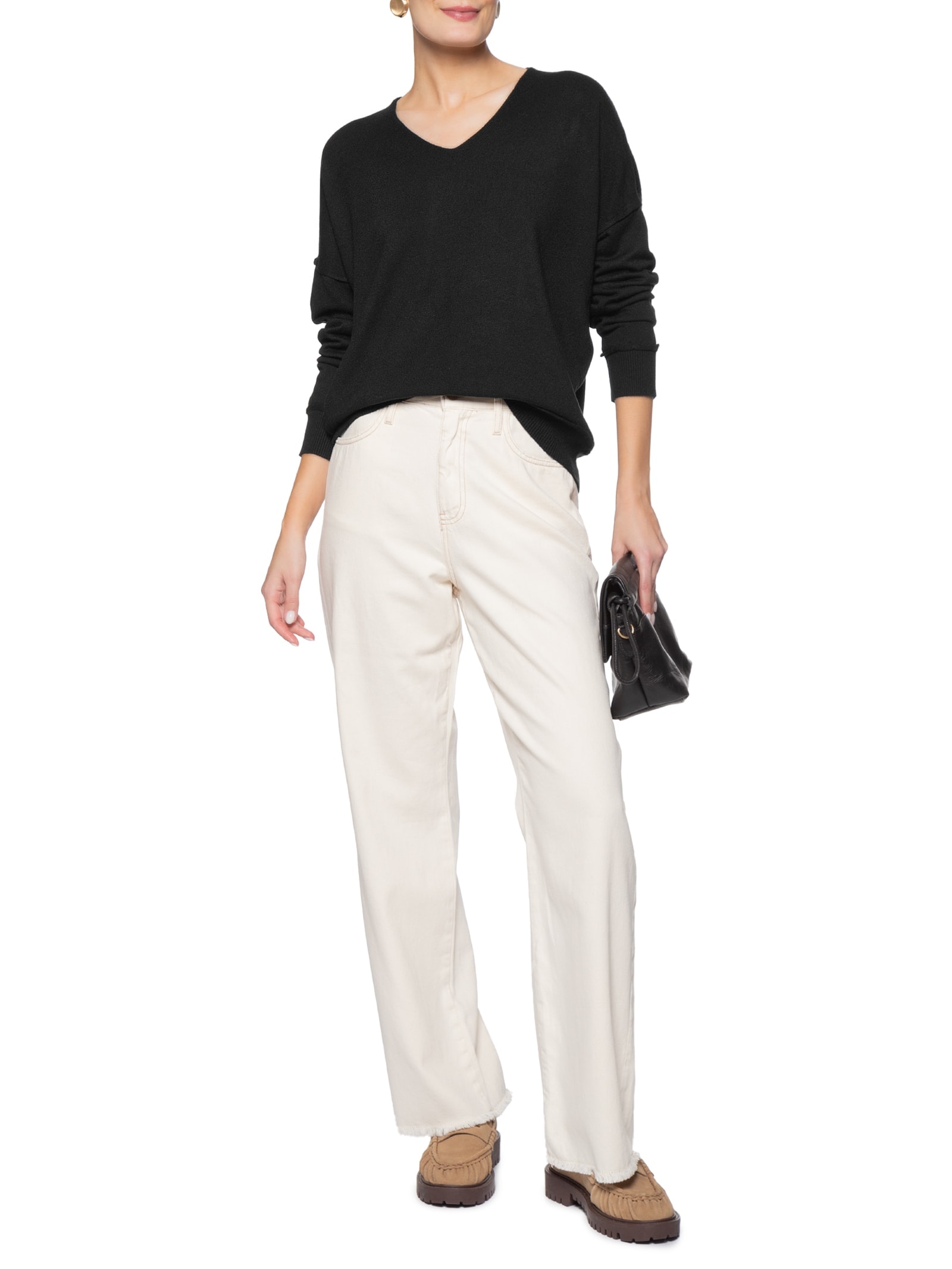 Suéter Feminino Tricot Oversized Decote V Preto Basiq