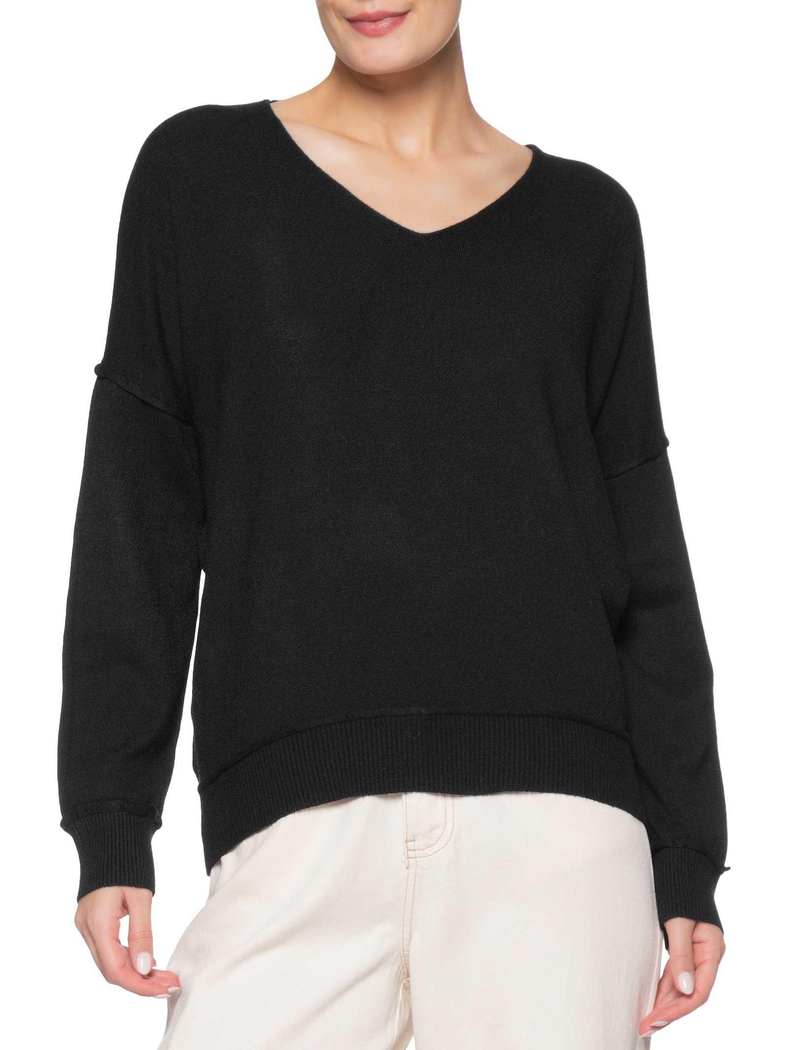 Suéter Feminino Tricot Oversized Decote V Preto Basiq