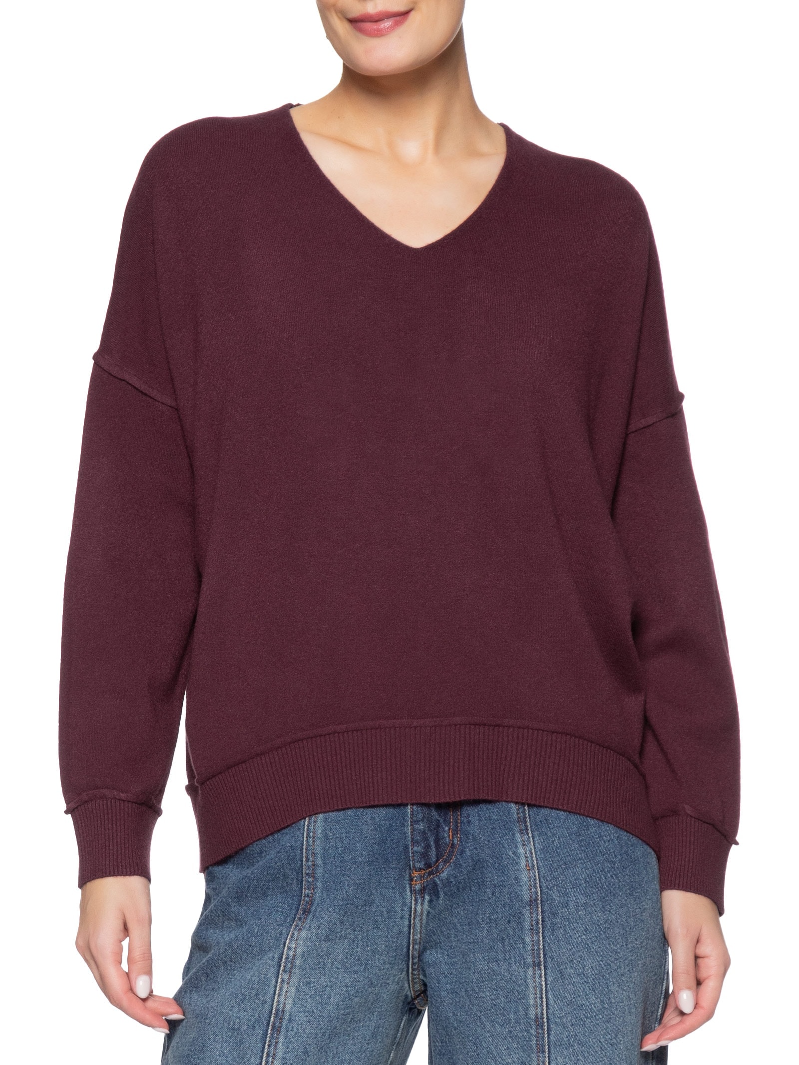 Suéter Feminino Tricot Oversized Decote V  Vermelho Basiq