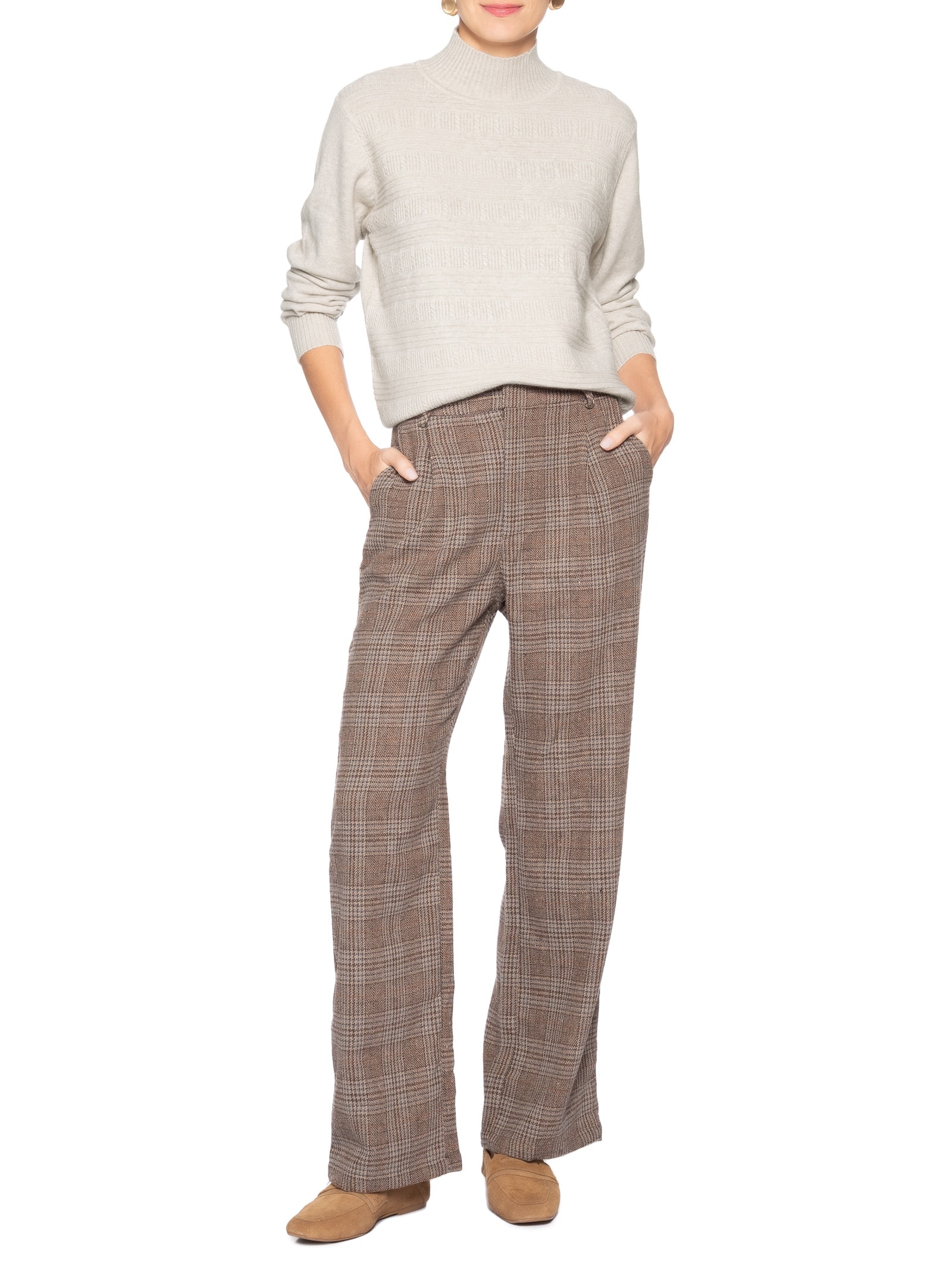 Suéter Feminino Tricot Oversized Gola Careca Bege Basiq