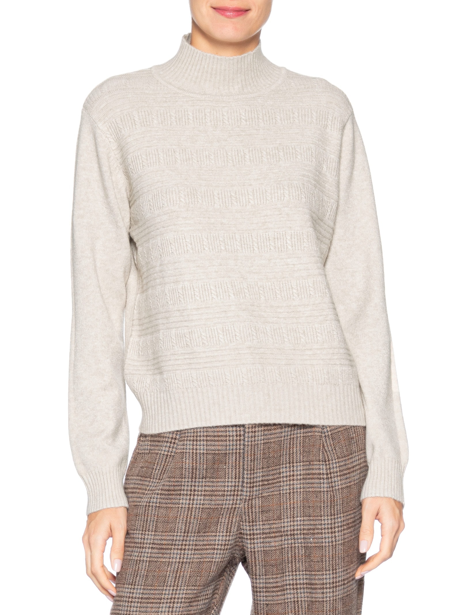 Suéter Feminino Tricot Oversized Gola Careca Bege Basiq