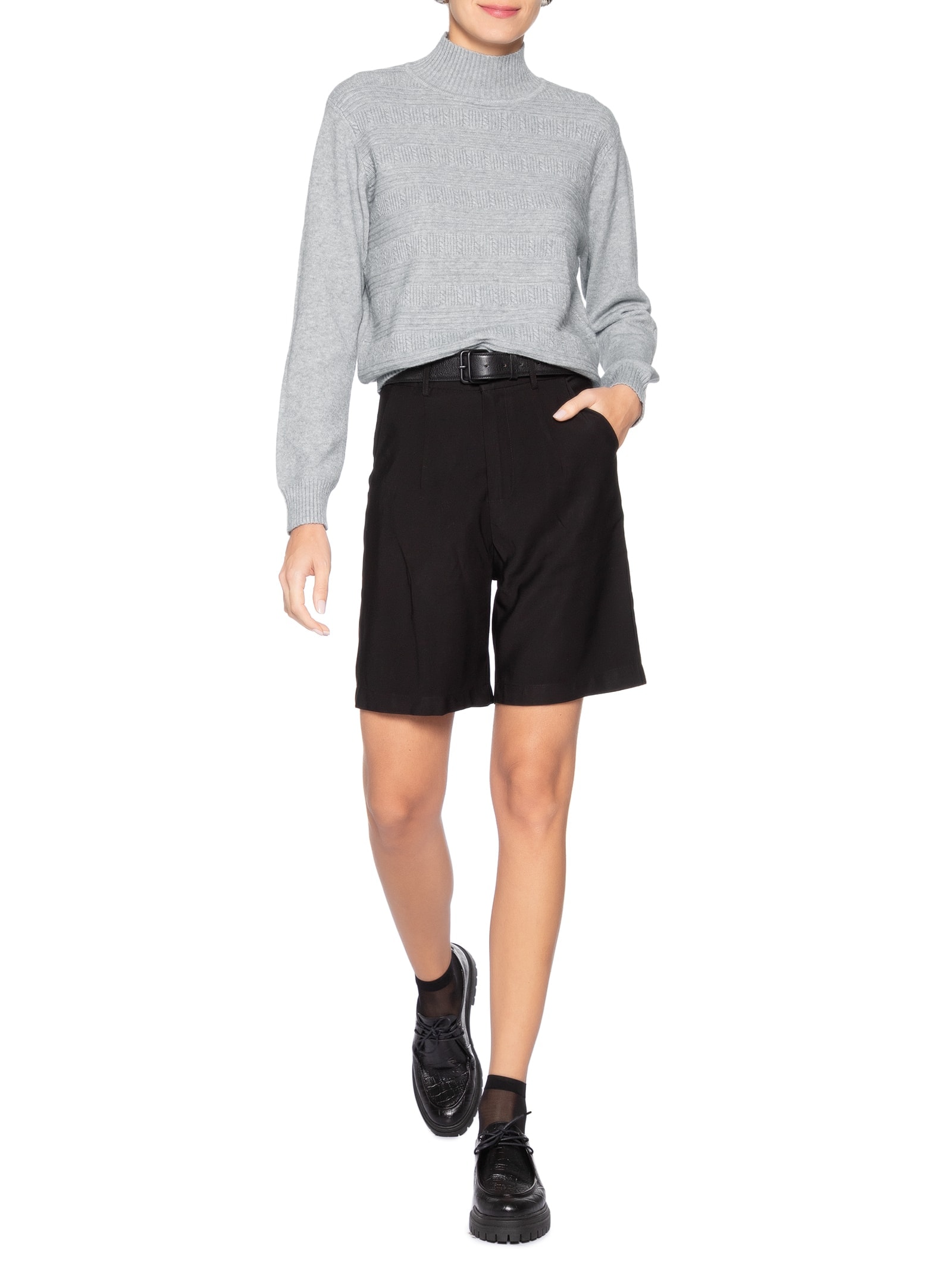Suéter Feminino Tricot Oversized Gola Careca Cinza Basiq