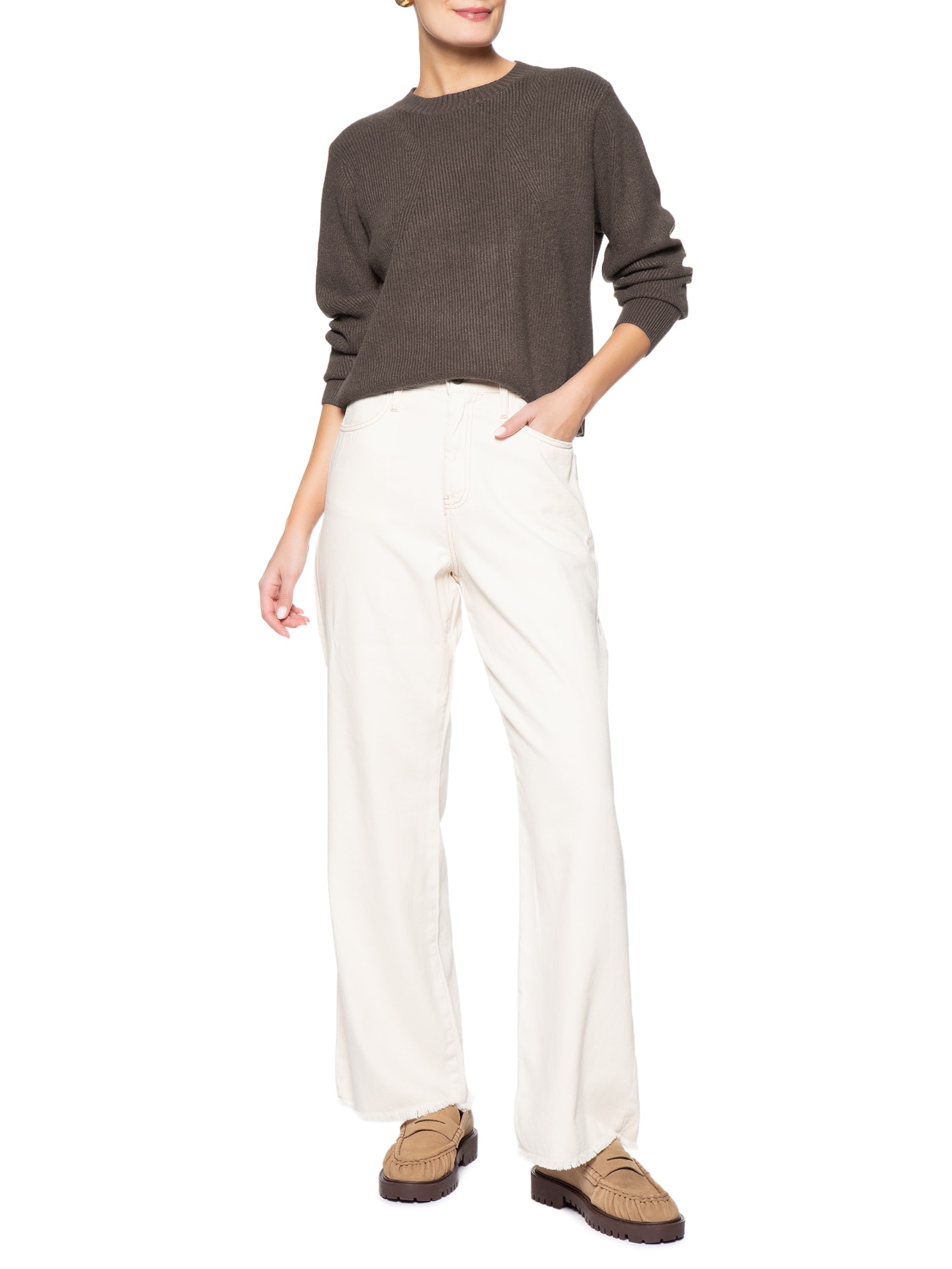 Suéter Feminino Tricot Oversized Gola Ribana- Marrom Basiq