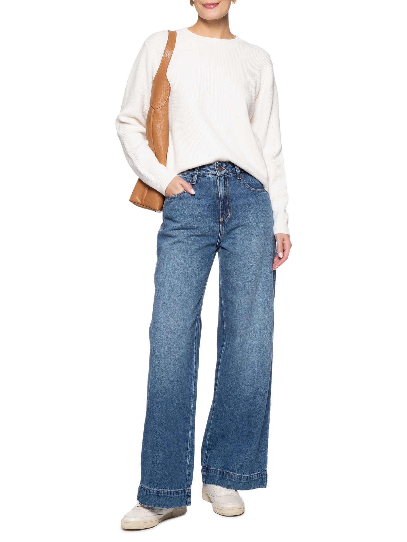Suéter Feminino Tricot Oversized Gola Ribana   Off White Basiq