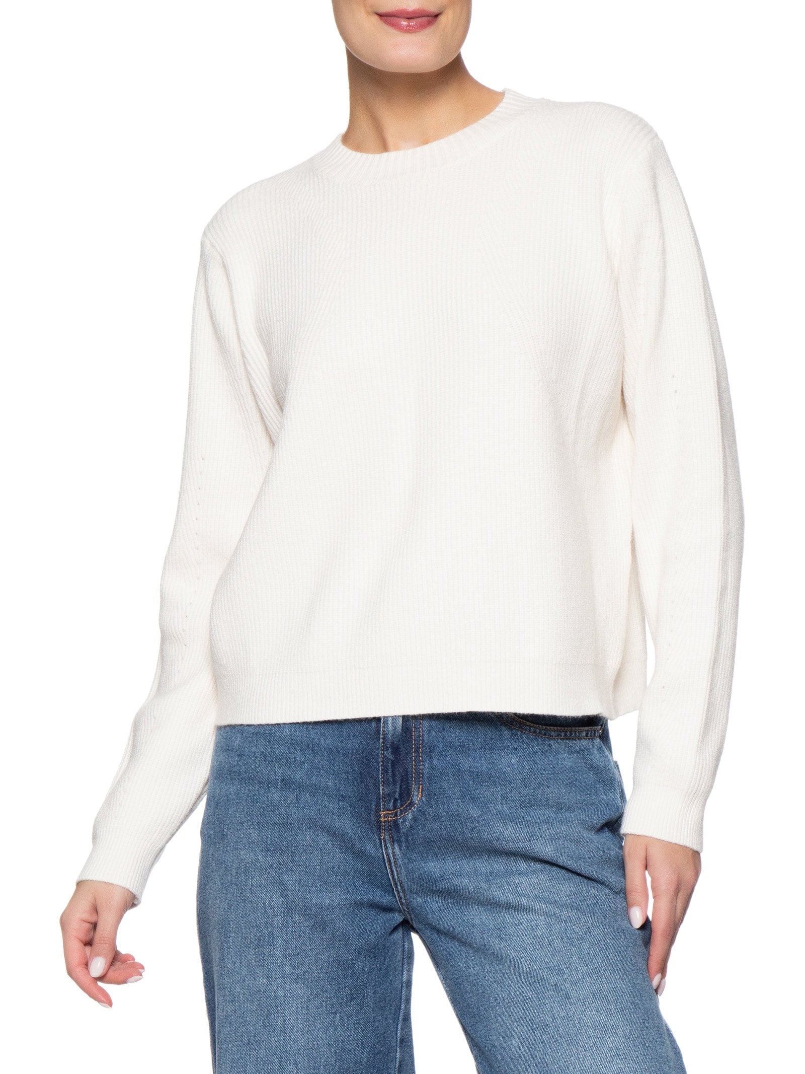 Suéter Feminino Tricot Oversized Gola Ribana   Off White Basiq