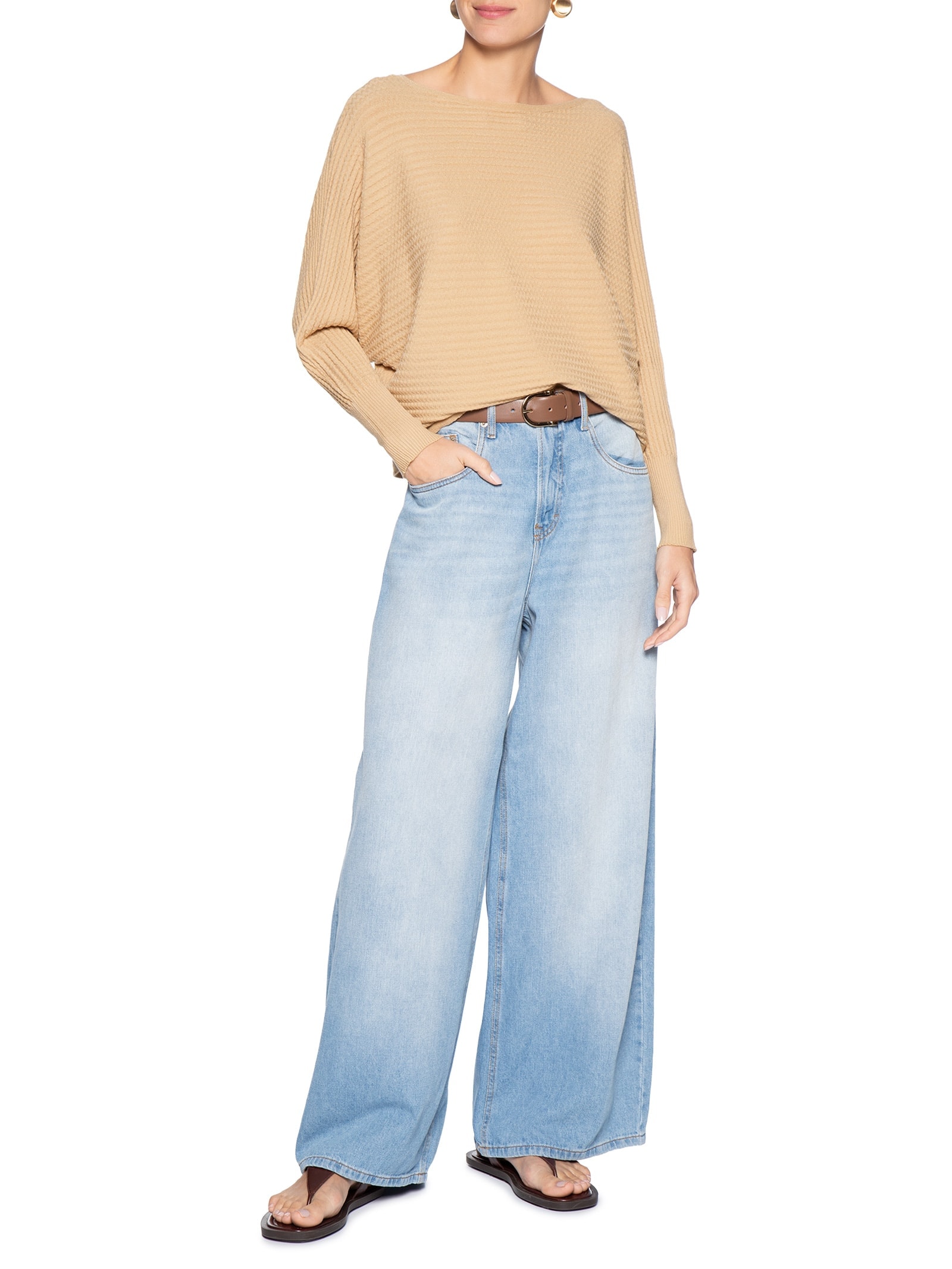Suéter Feminino Tricot Oversized Texturizado Bege Basiq