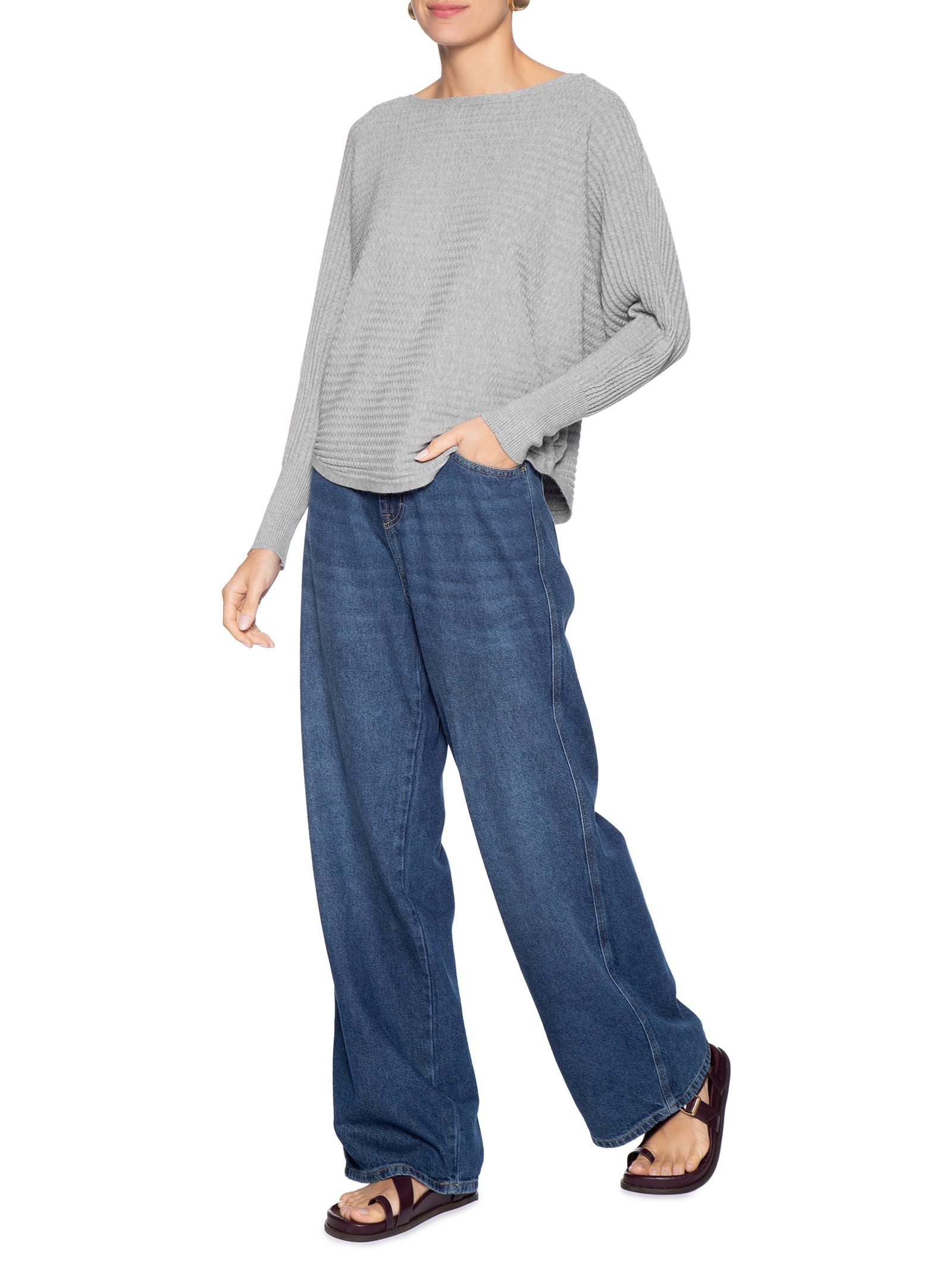 Suéter Feminino Tricot Oversized Texturizado Cinza Basiq