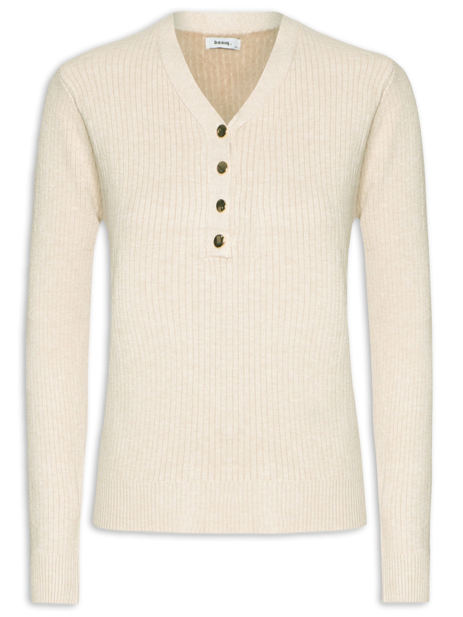 Suéter Feminino Tricot Texturizado Decote em V Bege Basiq