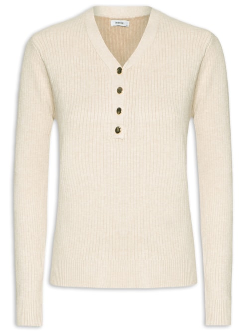 Suéter Feminino Tricot Texturizado Decote em V – Bege