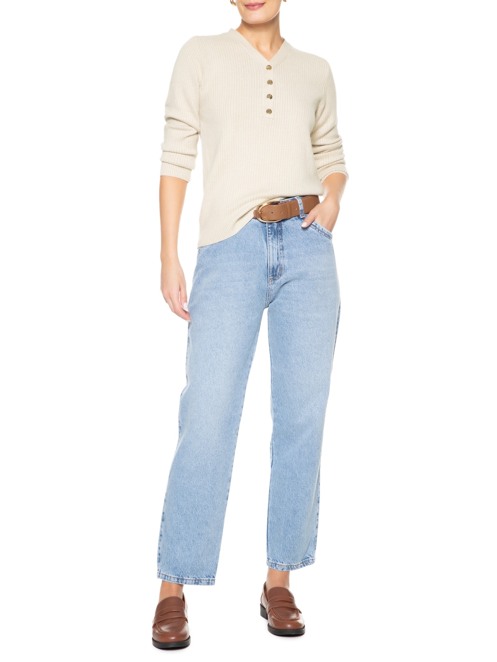 Suéter Feminino Tricot Texturizado Decote em V Bege Basiq