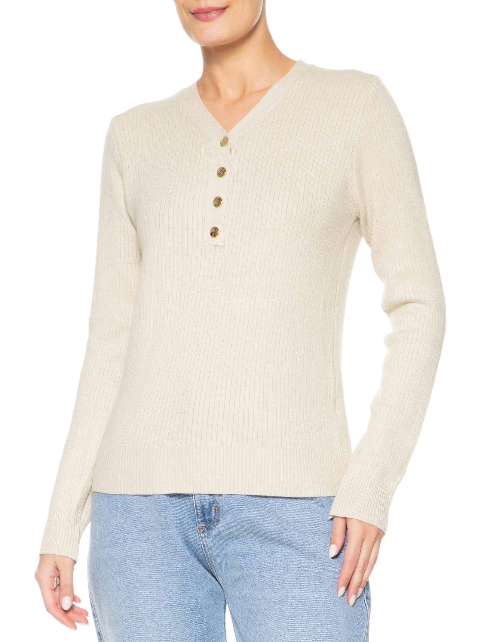 Suéter Feminino Tricot Texturizado Decote em V Bege Basiq