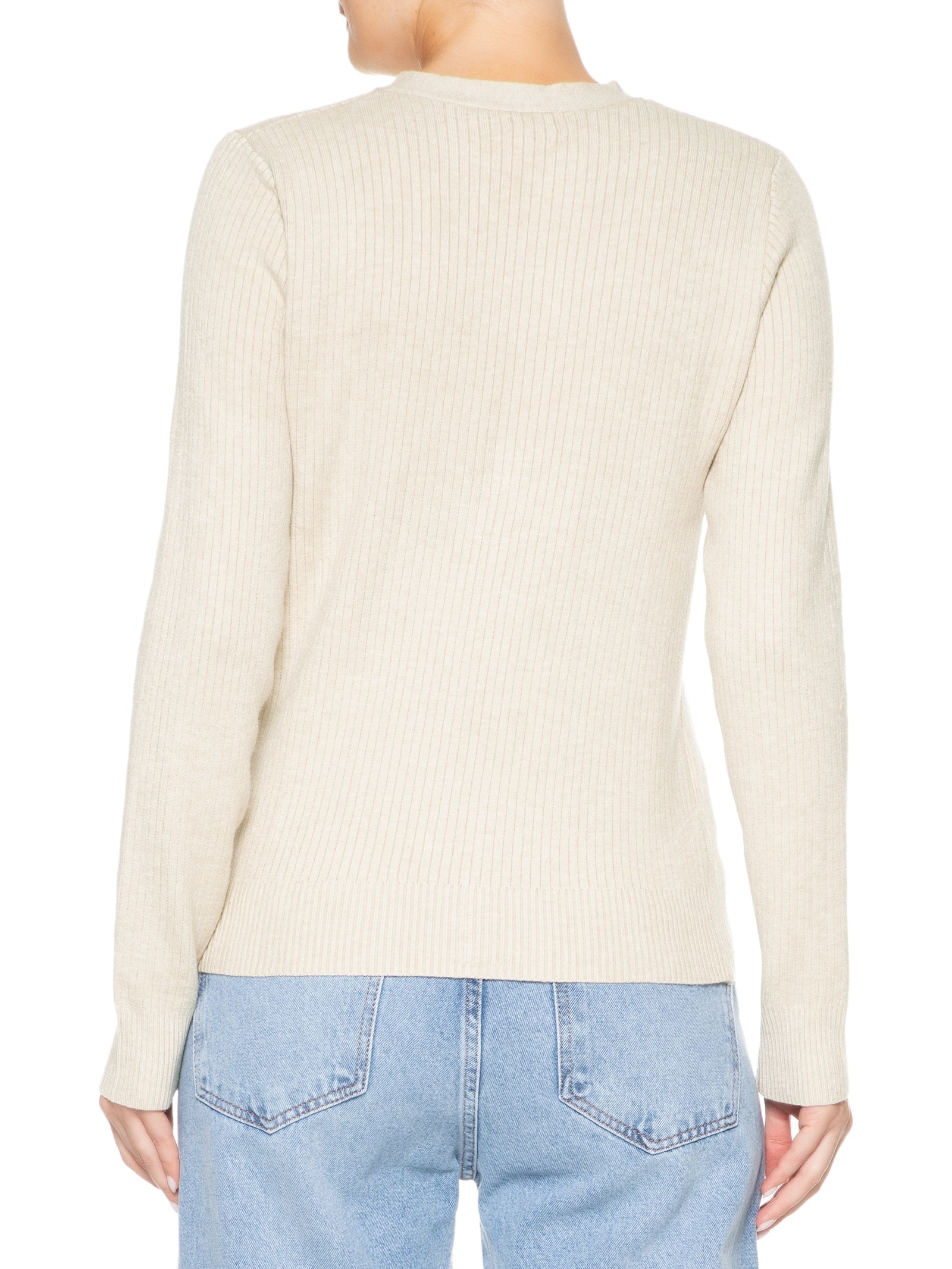 Suéter Feminino Tricot Texturizado Decote em V Bege Basiq