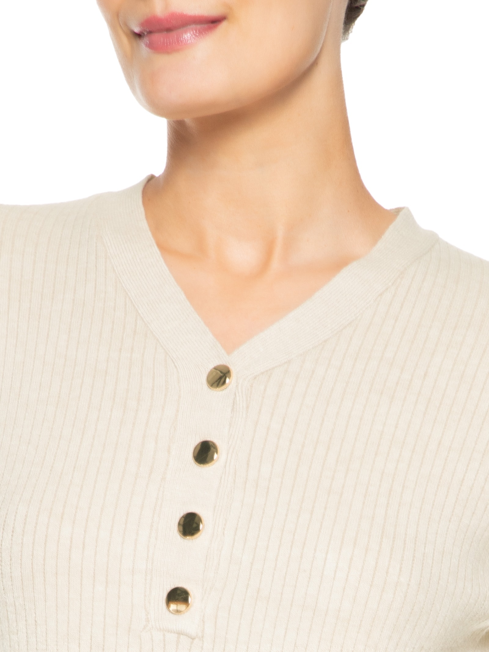 Suéter Feminino Tricot Texturizado Decote em V Bege Basiq