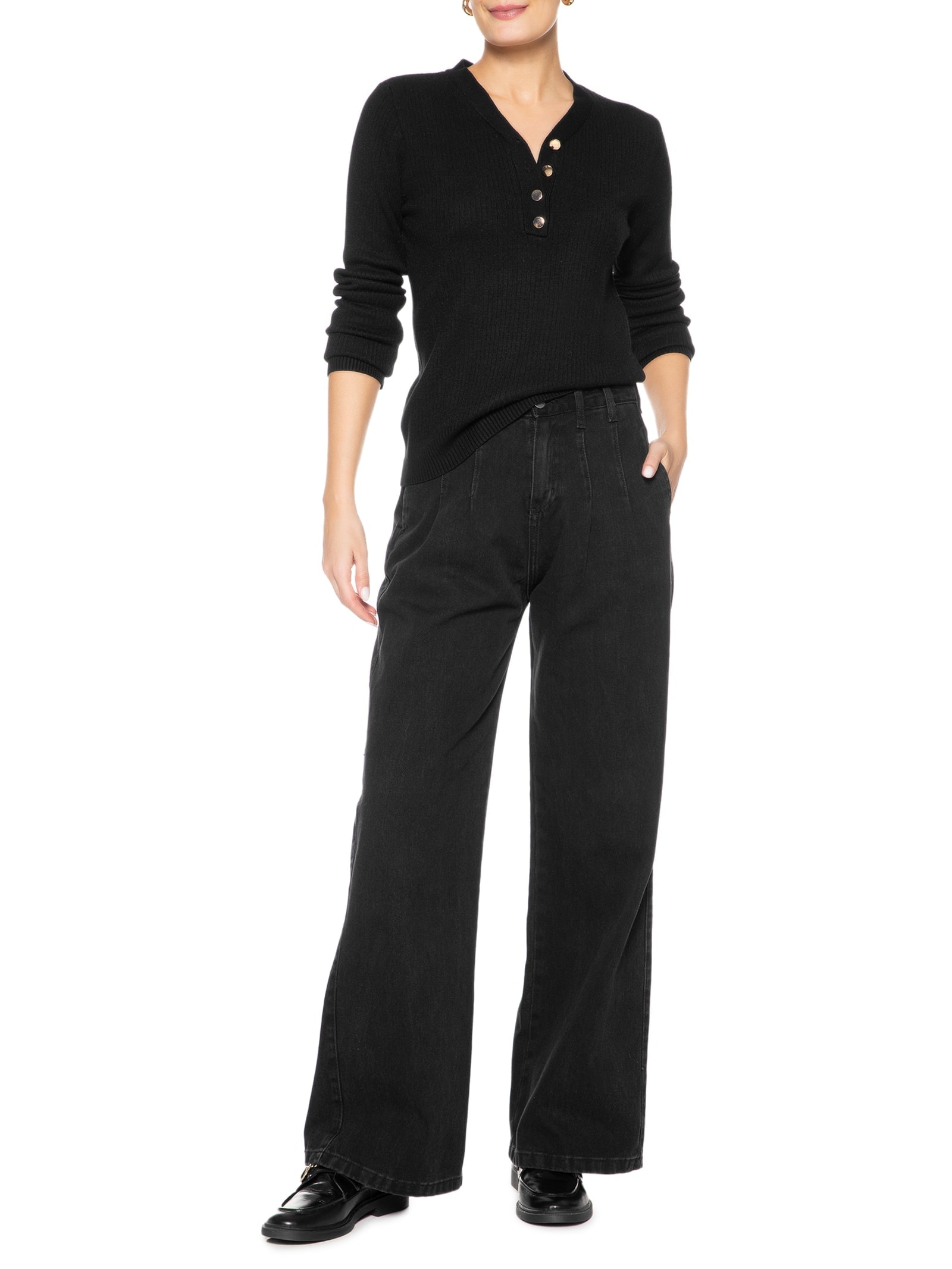 Suéter Feminino Tricot Texturizado Decote em V Preto Basiq