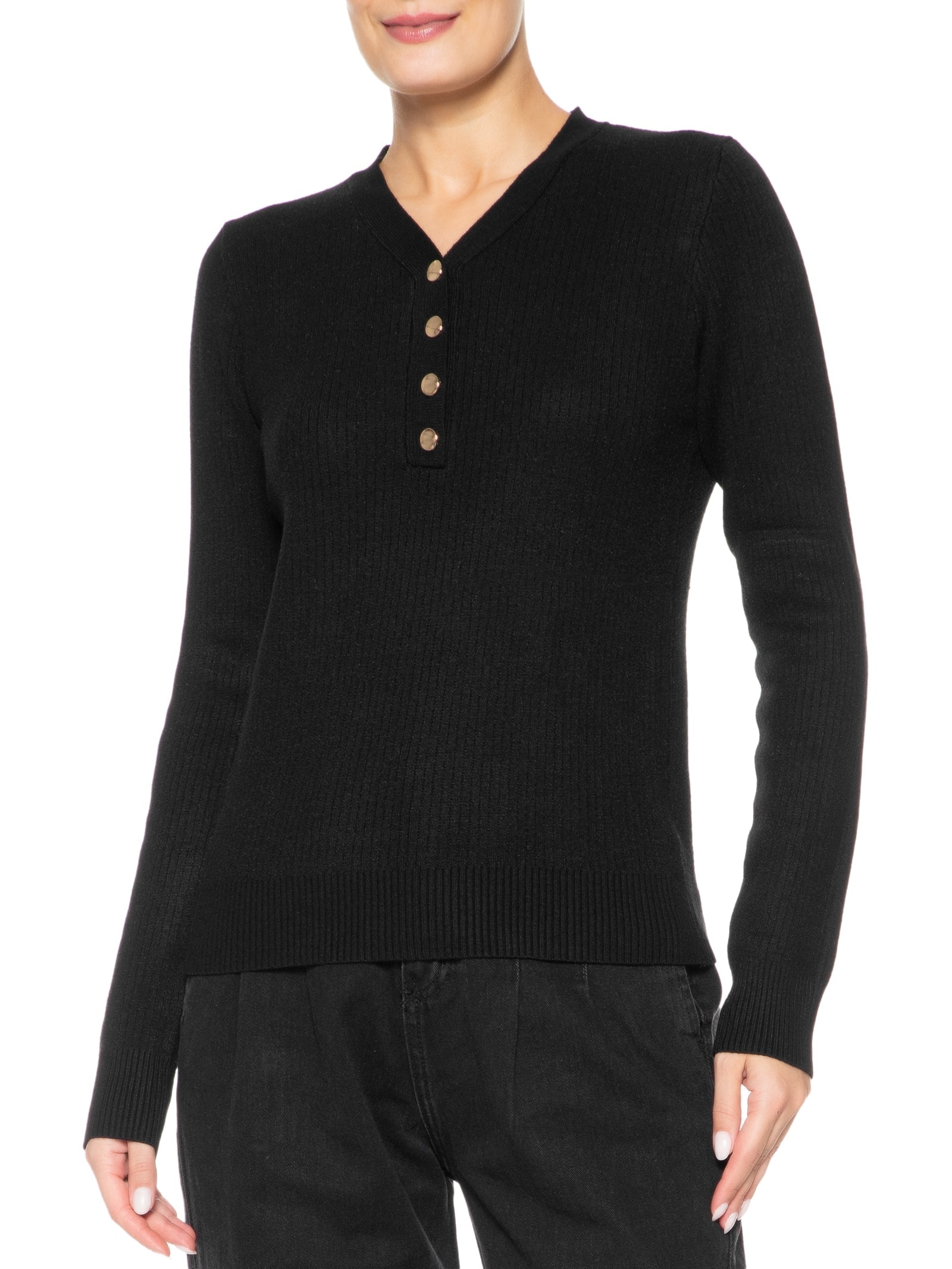 Suéter Feminino Tricot Texturizado Decote em V Preto Basiq