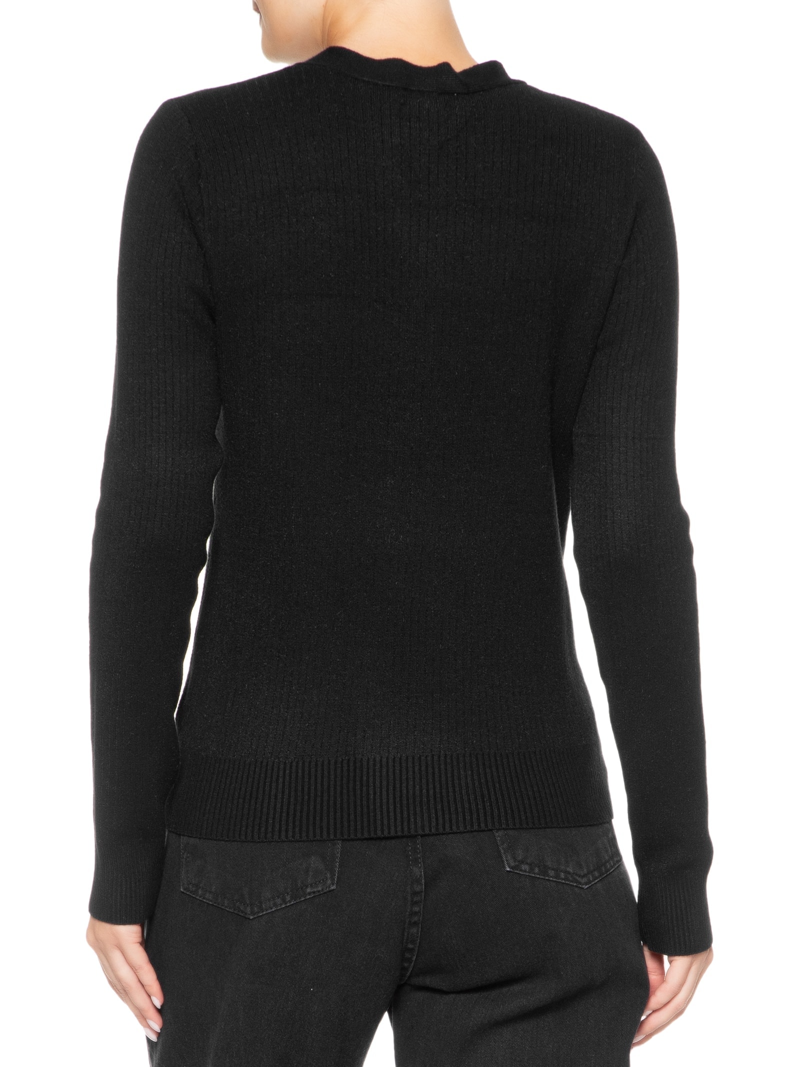 Suéter Feminino Tricot Texturizado Decote em V Preto Basiq