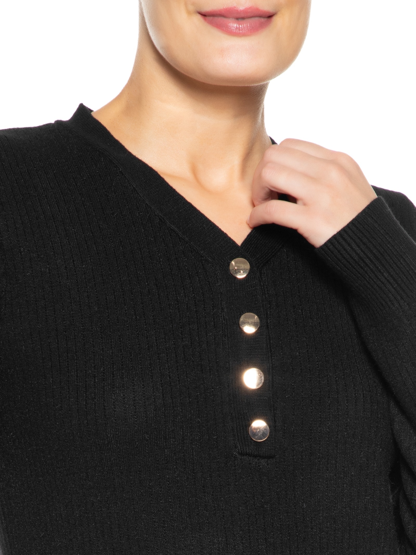 Suéter Feminino Tricot Texturizado Decote em V Preto Basiq
