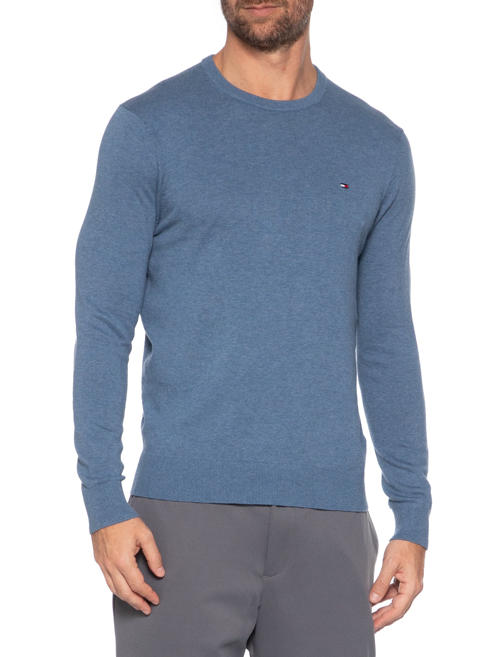 Suéter Masculino Básico Gola Careca Em Algodão Essential Azul Tommy Hilfiger