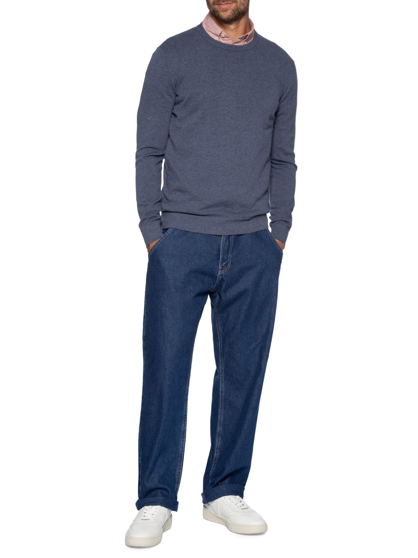 Suéter Masculino Básico Gola Careca Em Tricot Azul Aramis