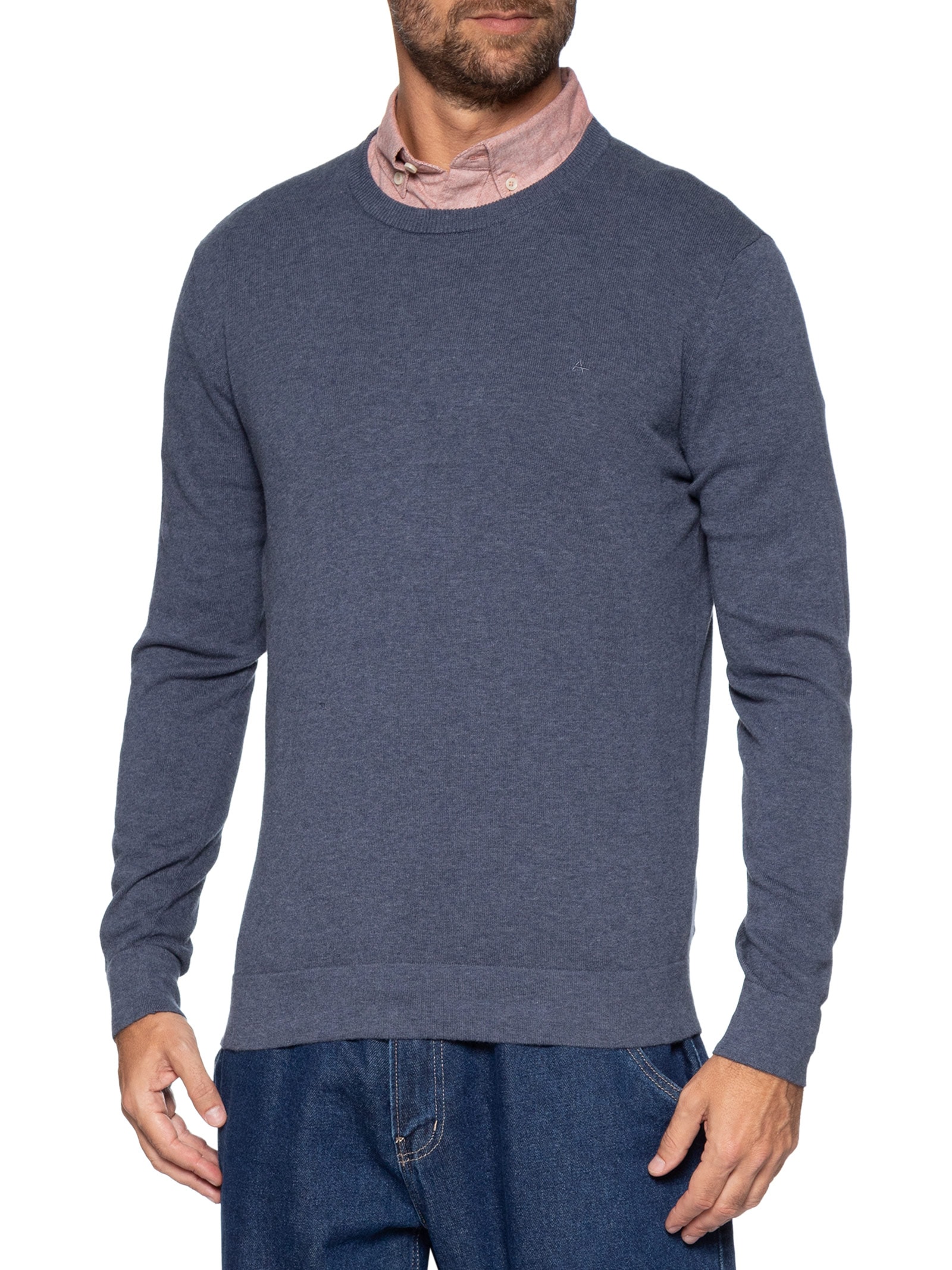 Suéter Masculino Básico Gola Careca Em Tricot Azul Aramis