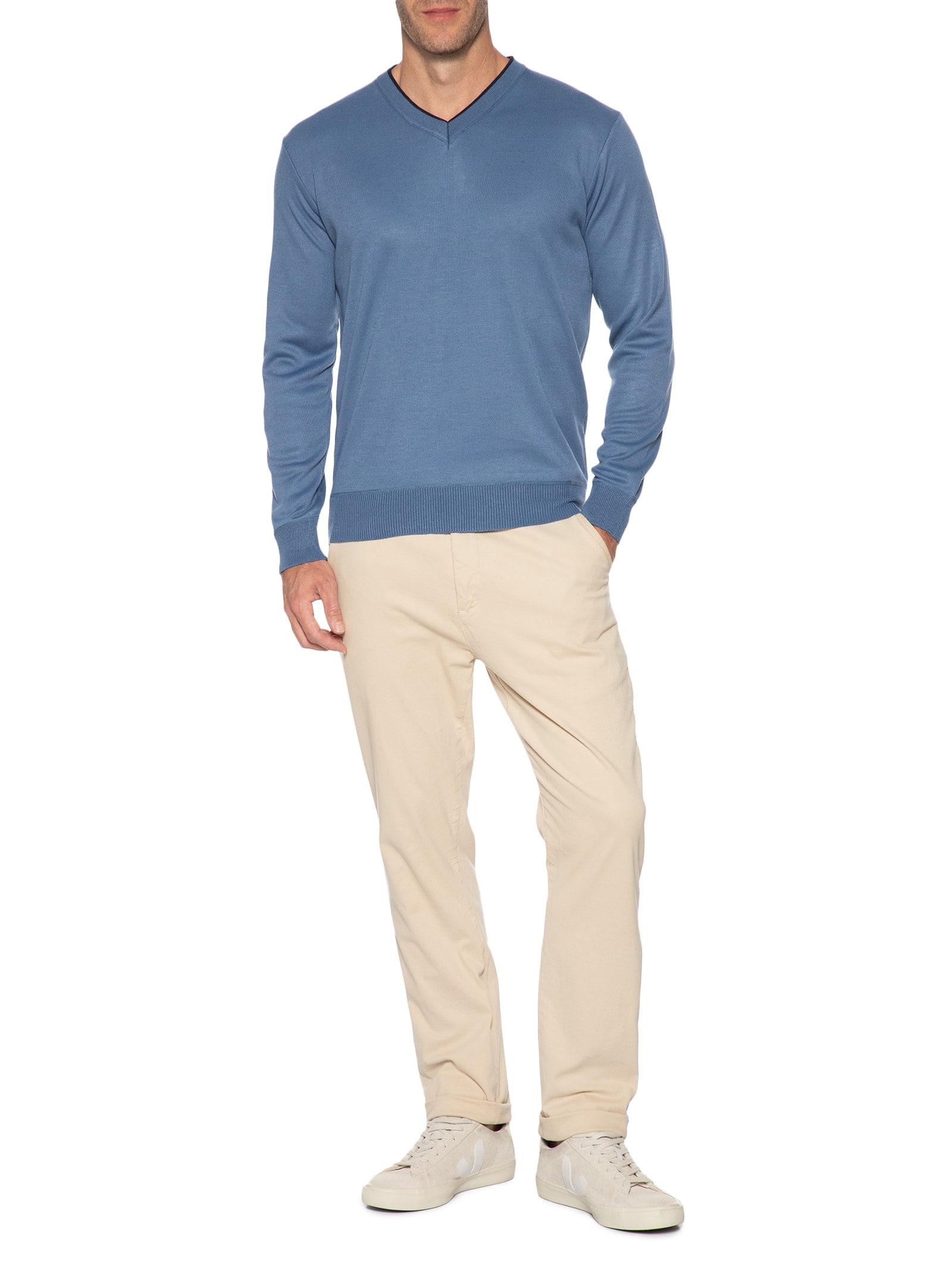 Suéter Masculino Básico Gola V Azul Basiq Men