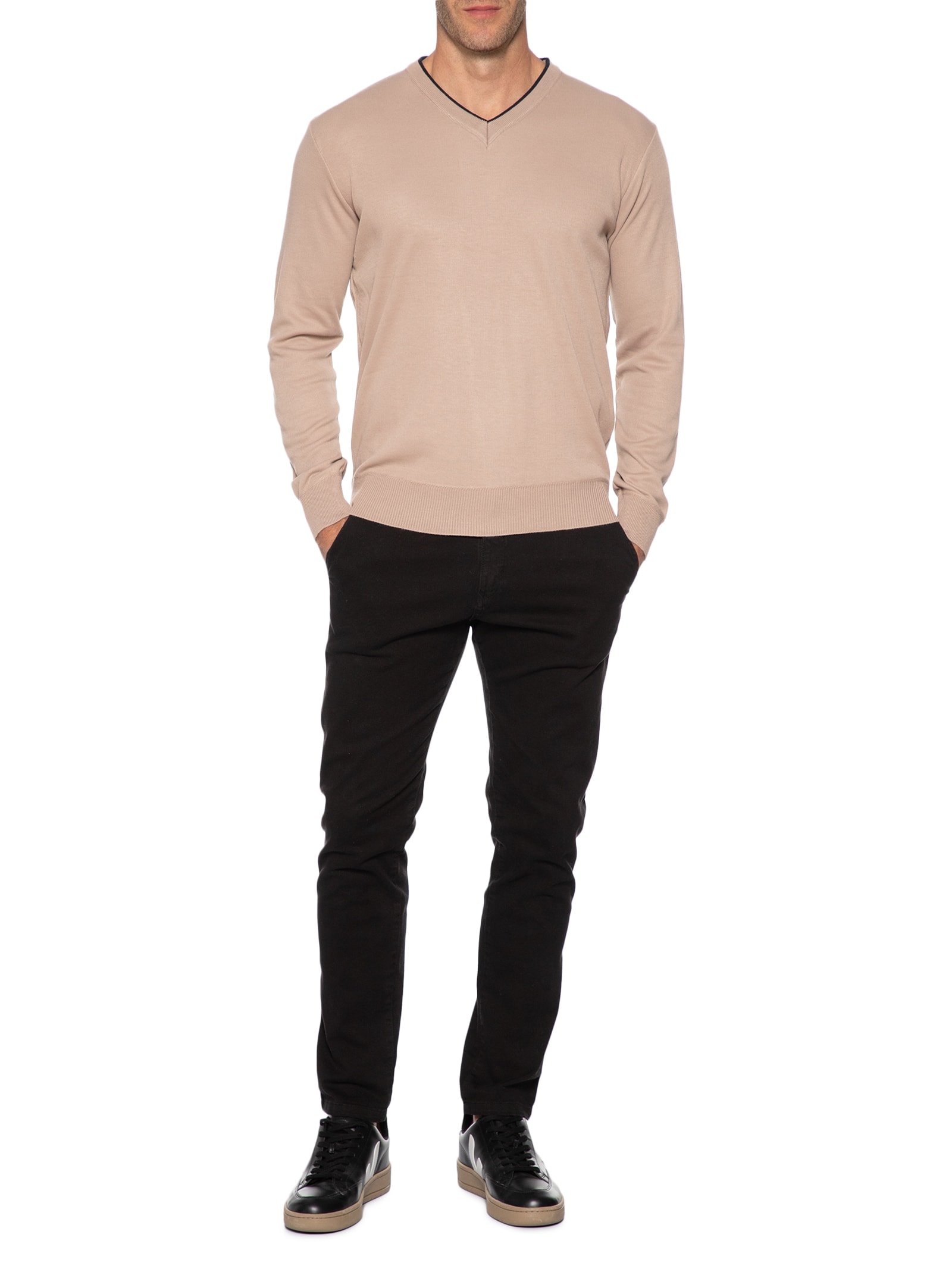 Suéter Masculino Básico Gola V Bege Basiq Men