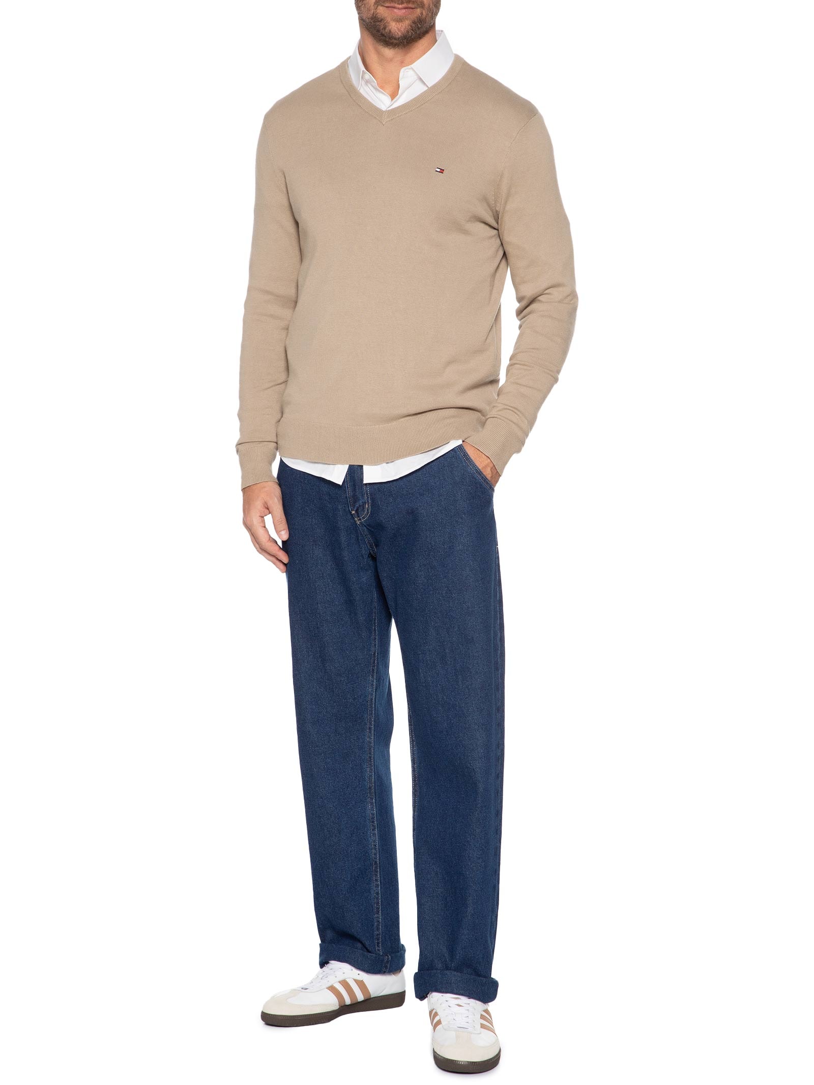 Suéter Masculino Básico Gola V Em Algodão Essential Bege Tommy Hilfiger
