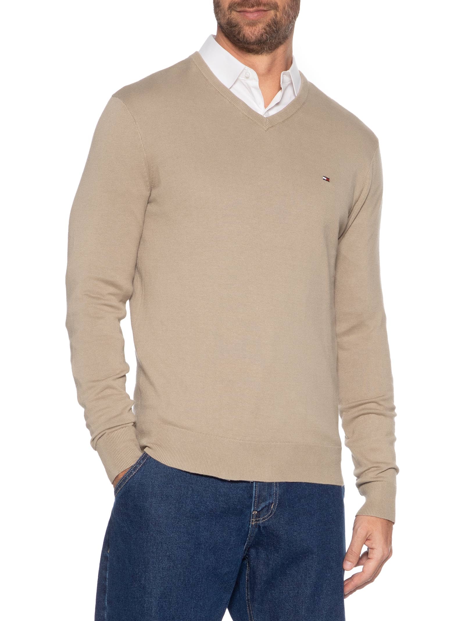 Suéter Masculino Básico Gola V Em Algodão Essential Bege Tommy Hilfiger