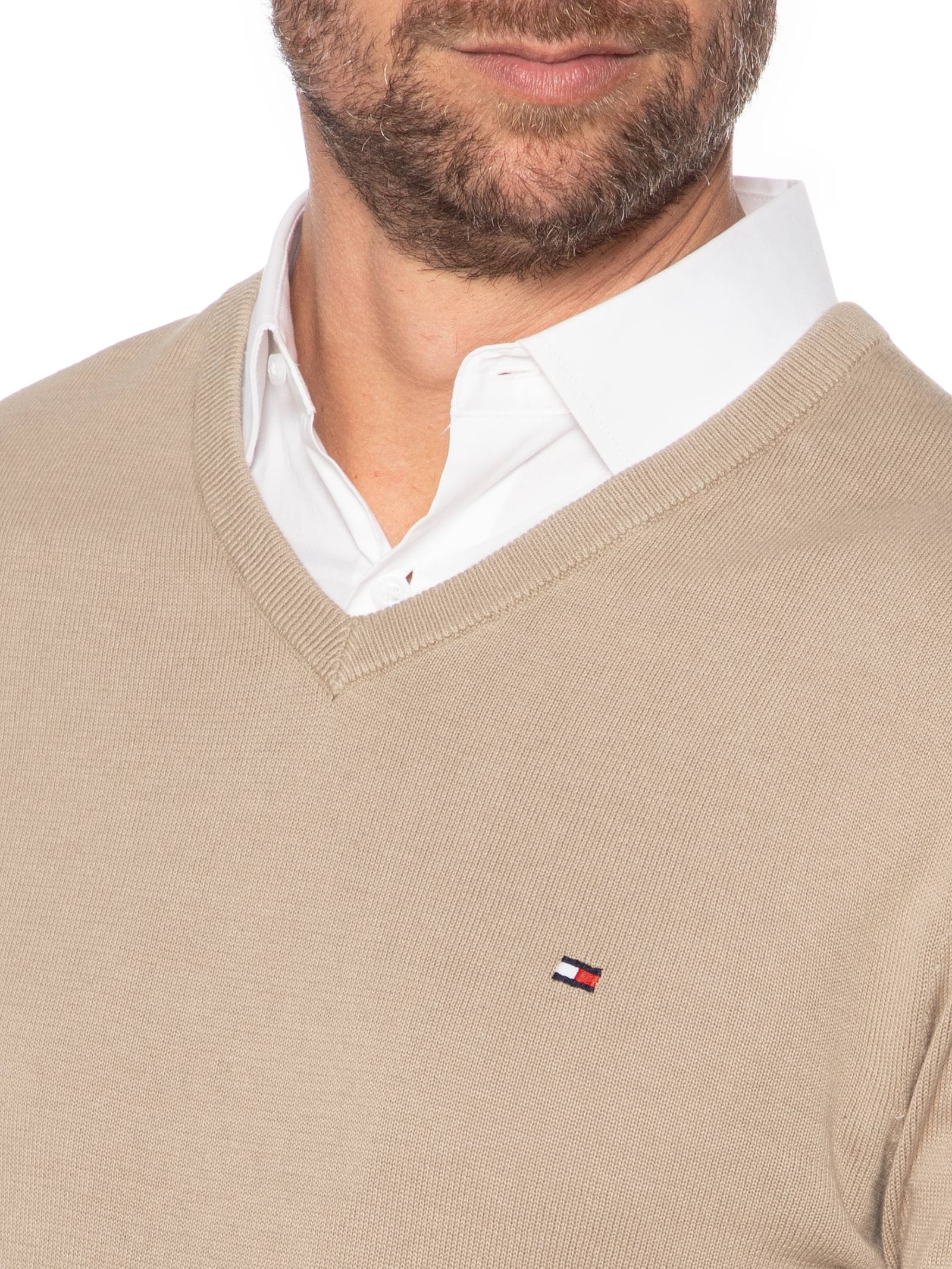 Suéter Masculino Básico Gola V Em Algodão Essential Bege Tommy Hilfiger