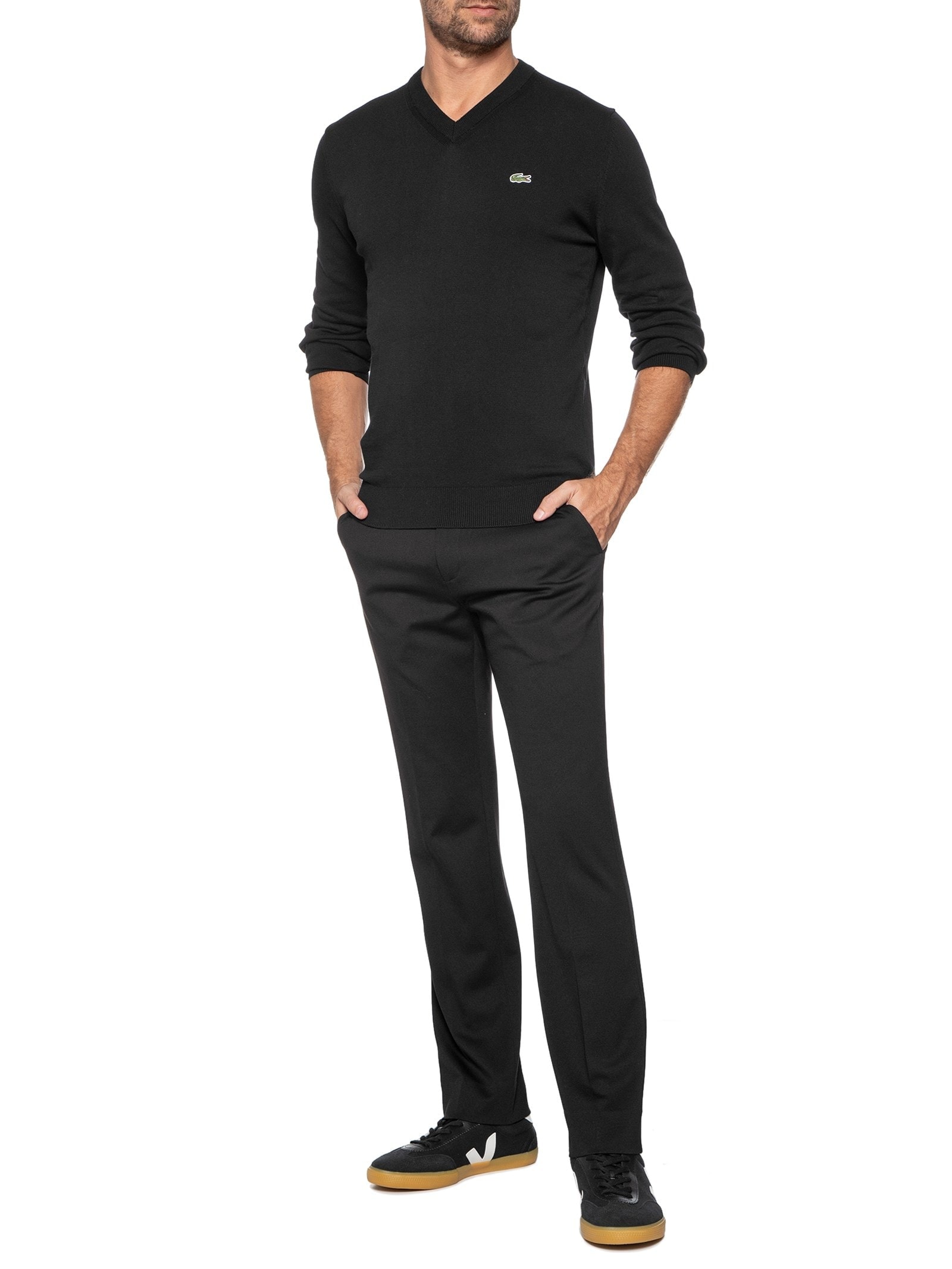 Suéter Masculino Básico Regular Fit Gola V Em Algodão Preto Lacoste