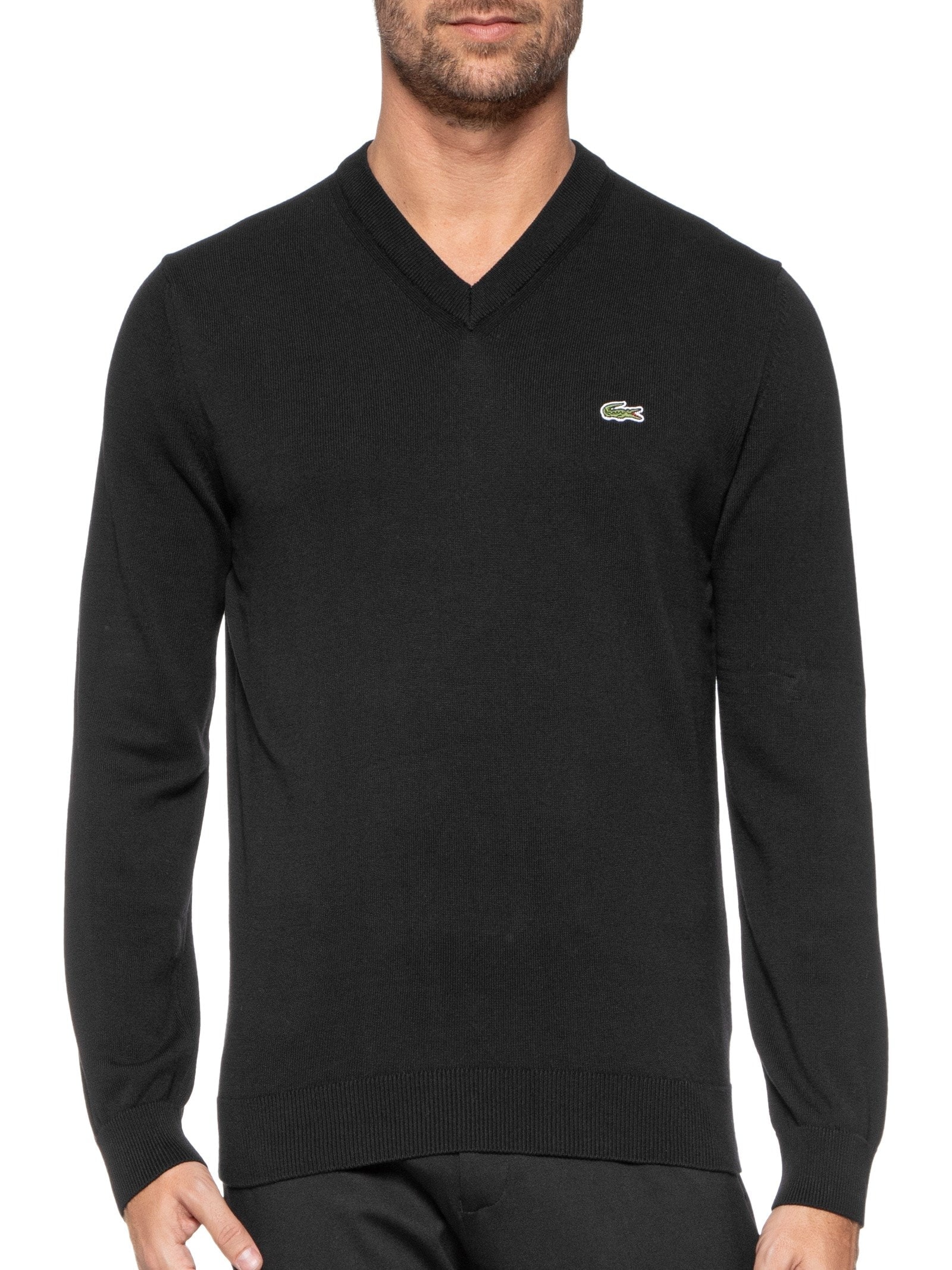 Suéter Masculino Básico Regular Fit Gola V Em Algodão Preto Lacoste