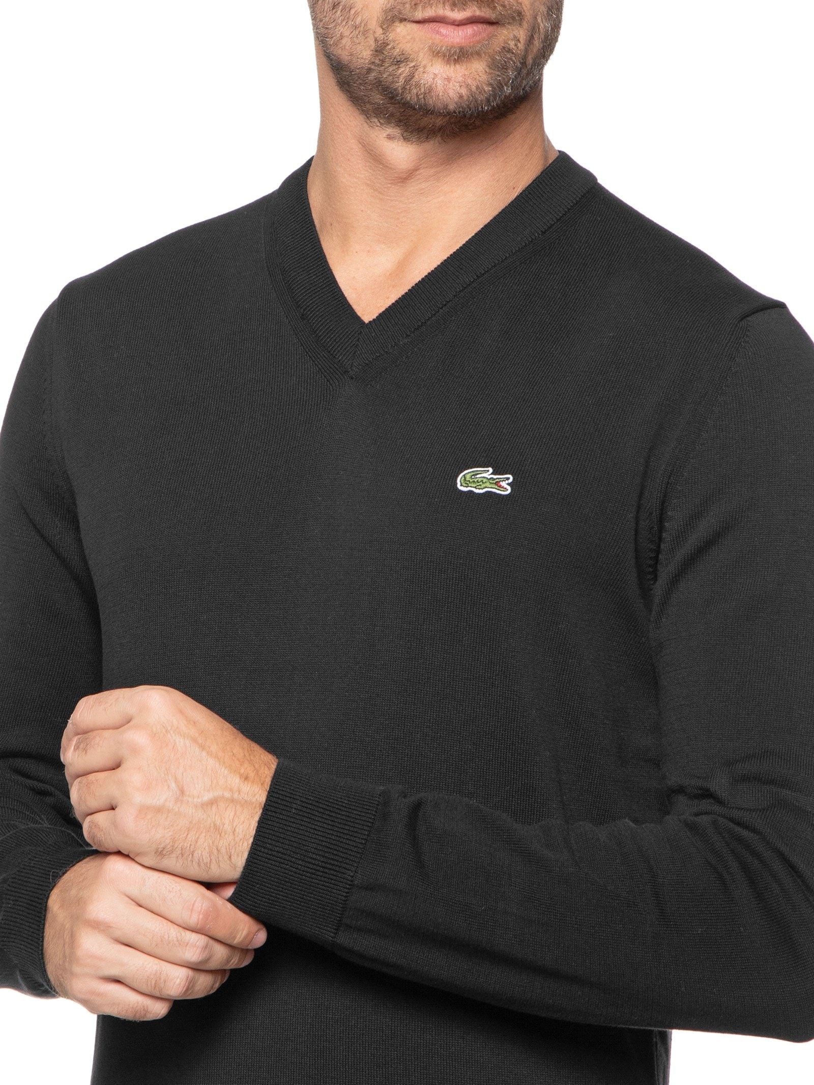 Suéter Masculino Básico Regular Fit Gola V Em Algodão Preto Lacoste